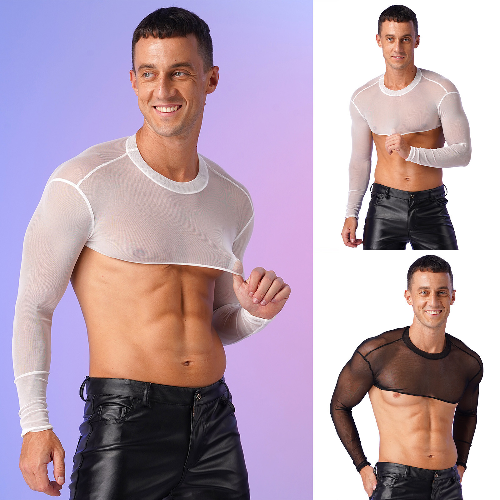 US Mens Sheer Mesh T-Shirt Stand Collar Long Sleeve Crop Tops Shrug Top Clubwear gallery