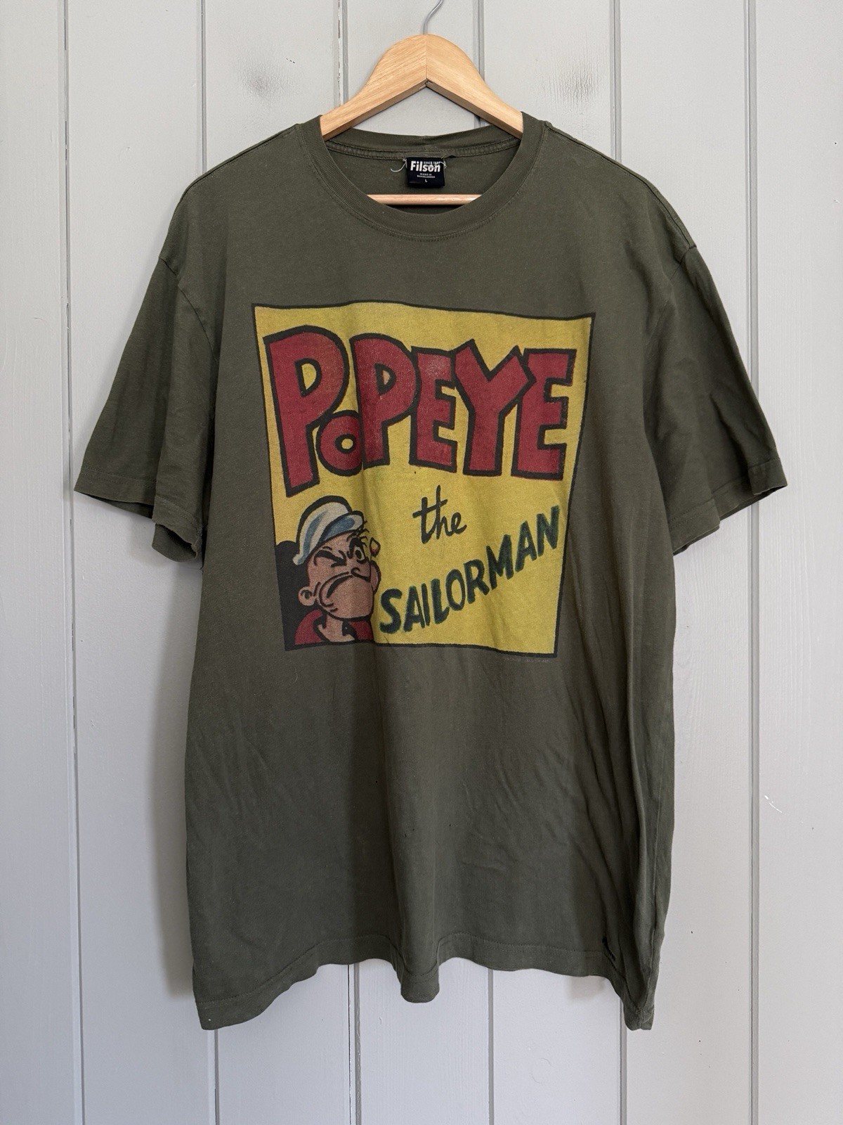 Filson Popeye Short Sleeve T-Shirt L Large Men’s Graphic Tee Olive Green FLAW