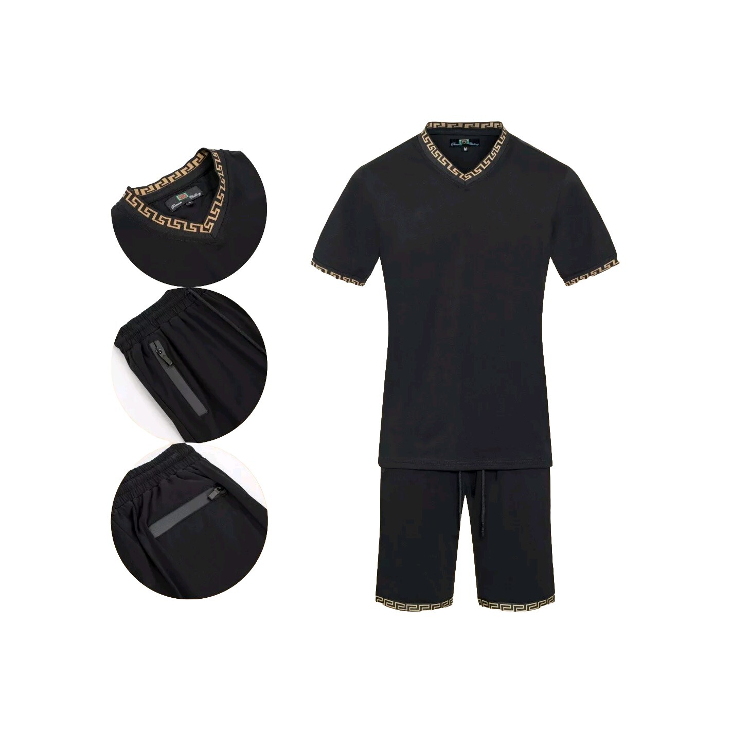 Men's Italian fashion Black Short Sleeves T-shirt/short Set Greek Key V neck gallery