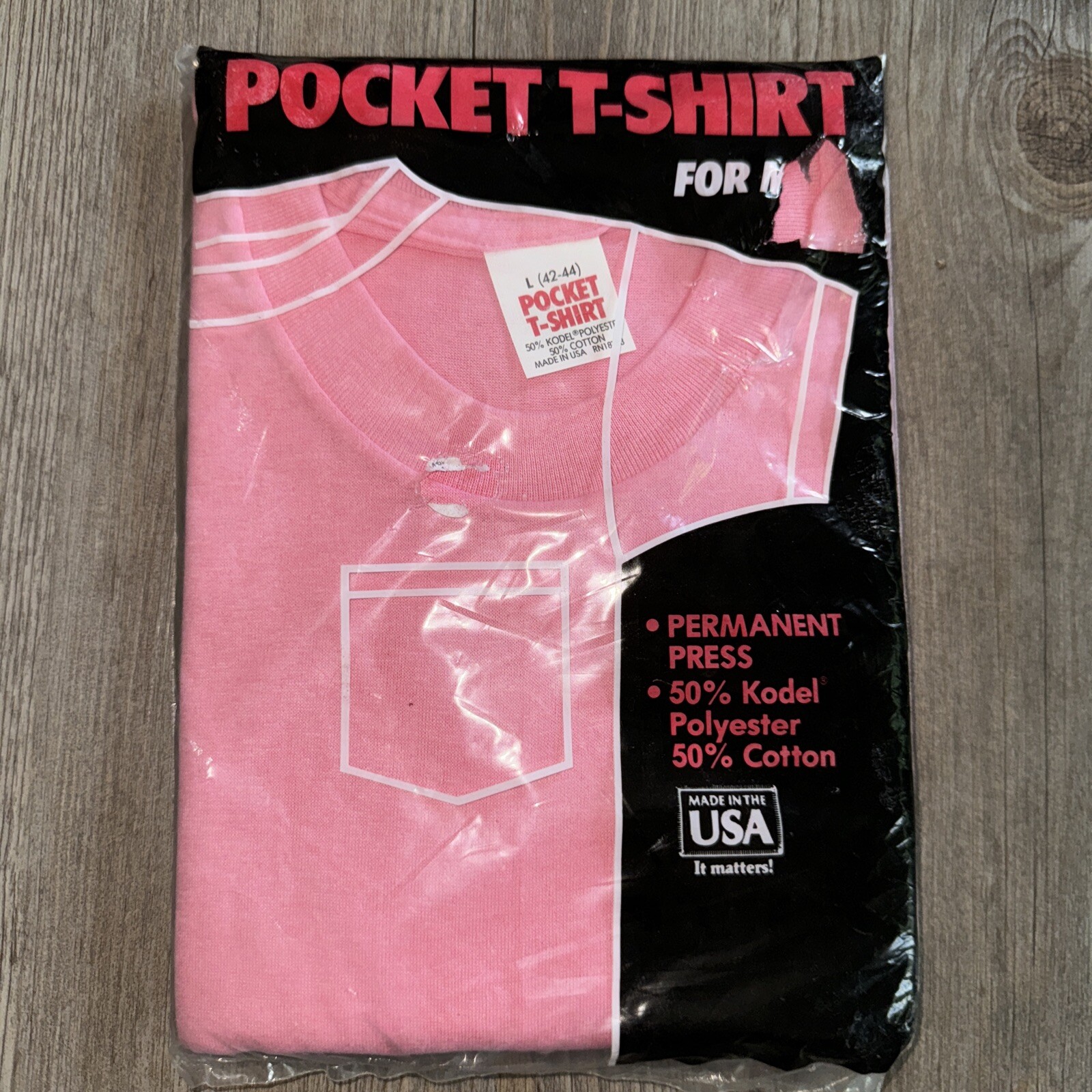 Vintage Pocket T Shirt Mens Large 80s Pink USA Made Single Stitch NOS Deadstock gallery