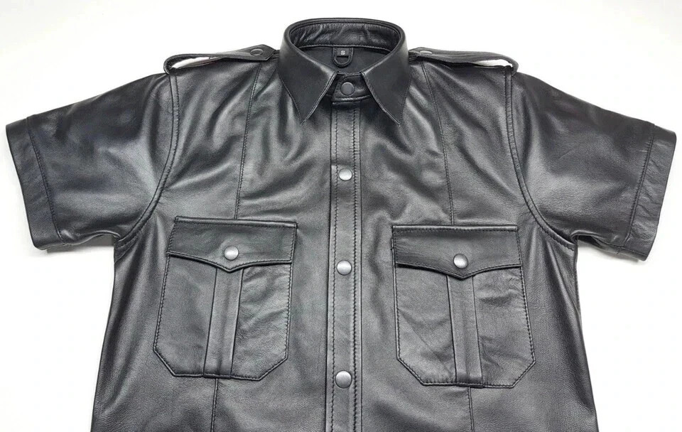 Men's Real Soft Leather Biker High Shine Police Style Motorcycle Leather Shirt gallery