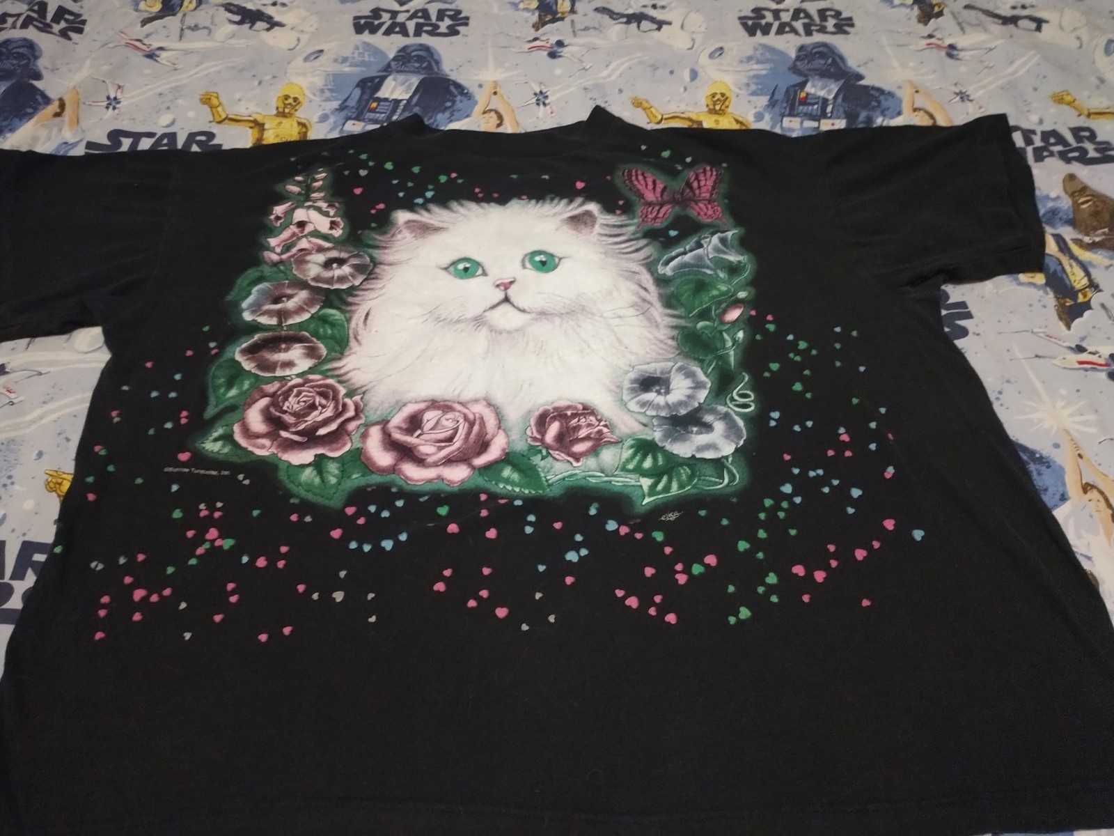 Vintage Cat Heart All Over Print Hearts XLarge Single Stitch See Measurement Pic gallery