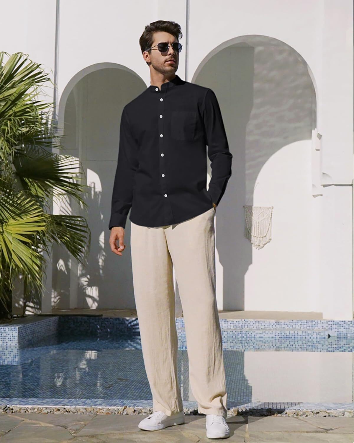 Men's Linen Button Down Shirt Long Sleeve Band Collar Casual Beach Top gallery
