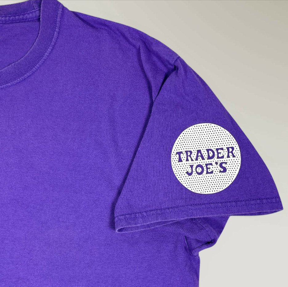 Trader Joe's T-Shirt Short Sleeve Employee Crew Tee Purple Uniform Size Large gallery