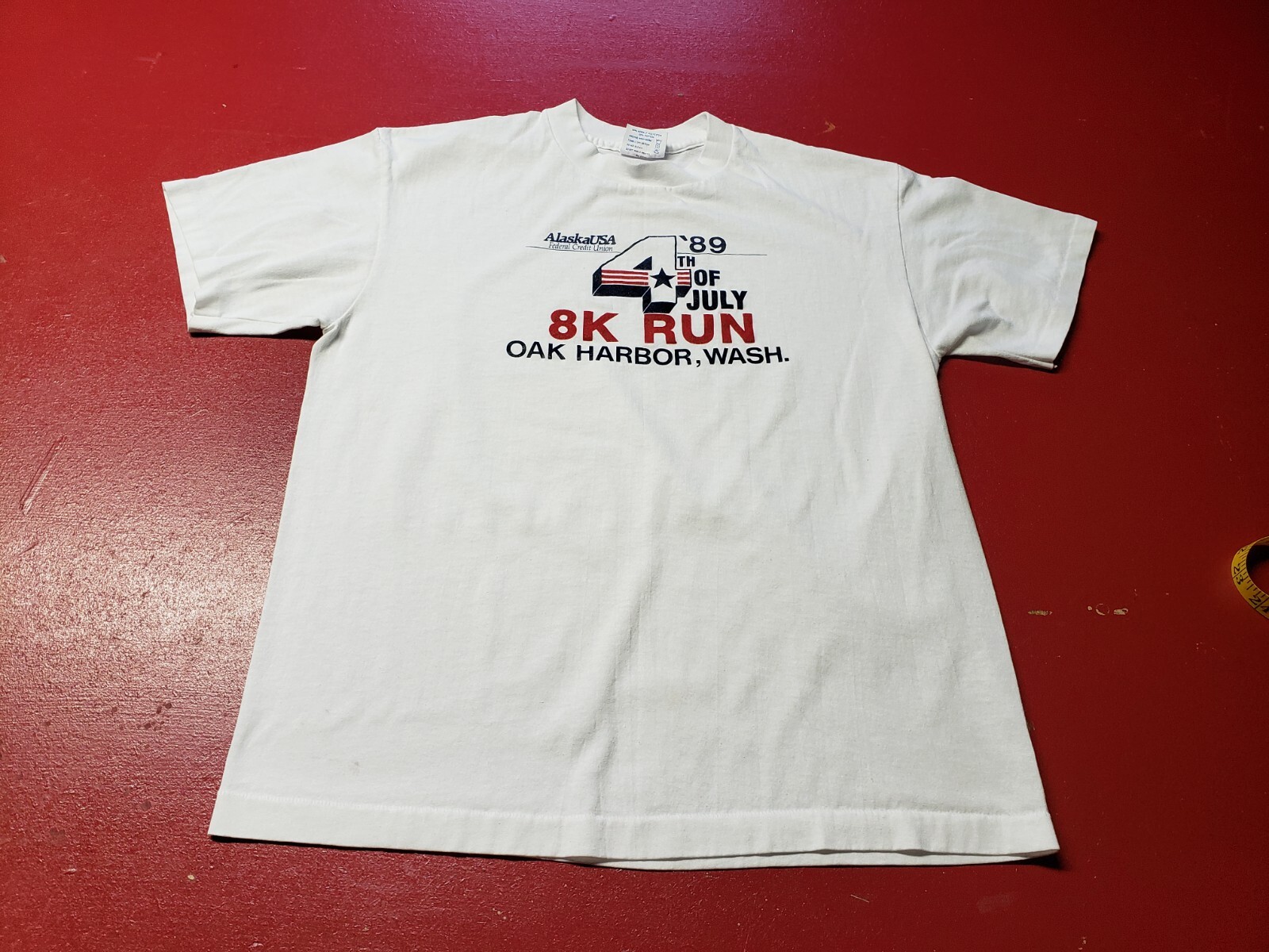 Vintage TeeJays T-Shirt Single Stitch 1989 Wht L Cotton Blend U.S.A. 8k Run, WA.