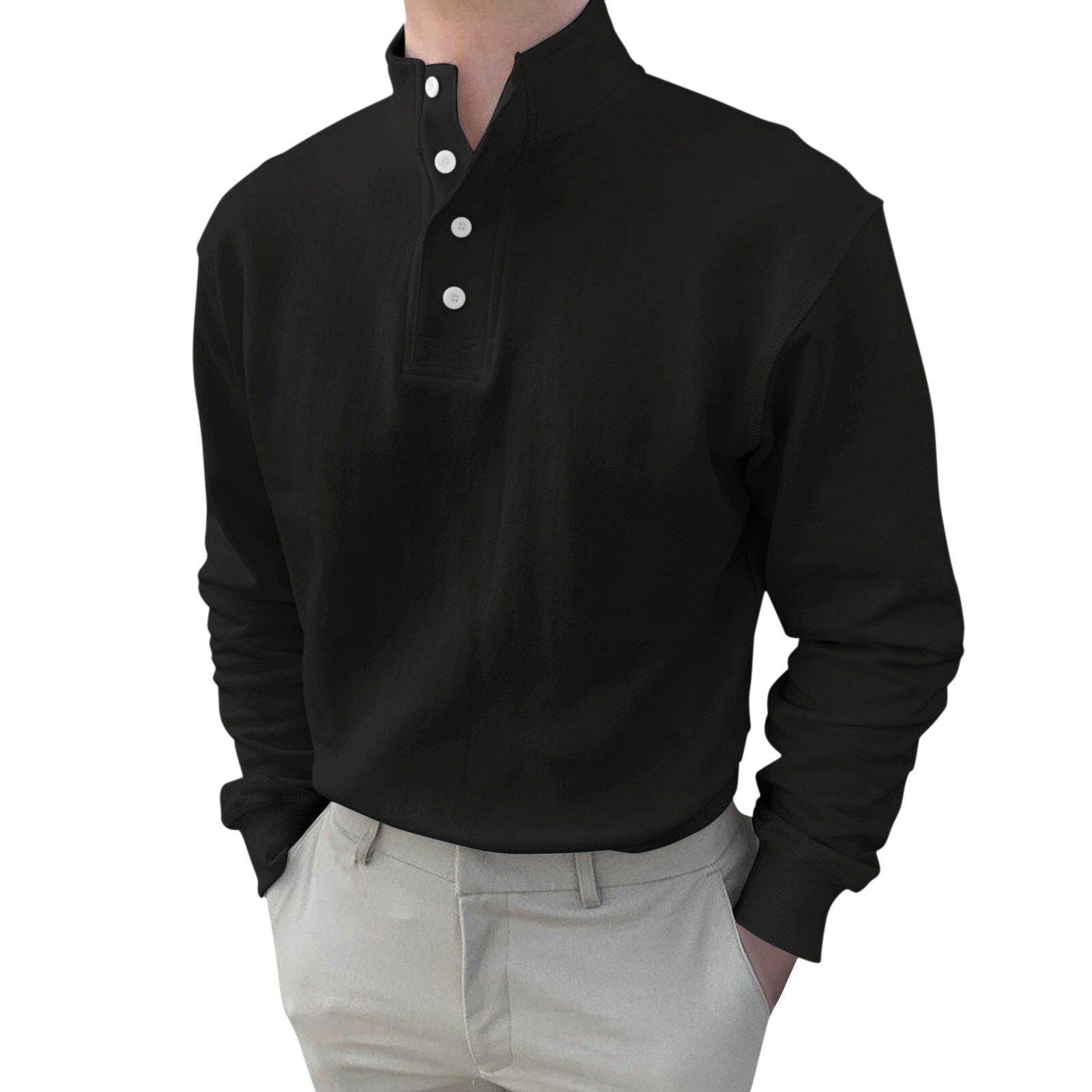 Men Button High Neck Stand Collar Solid Blouse Long Sleeve Top Cotton Shirt gallery