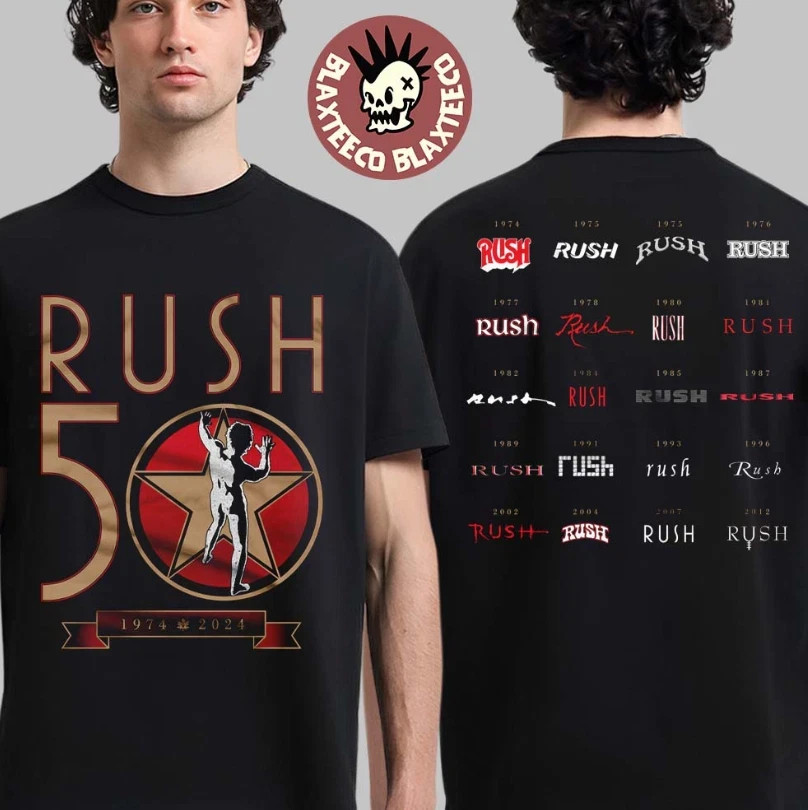 Rush 50th Anniversary Merch R50 Studio Logo List Two Sided T-Shirt