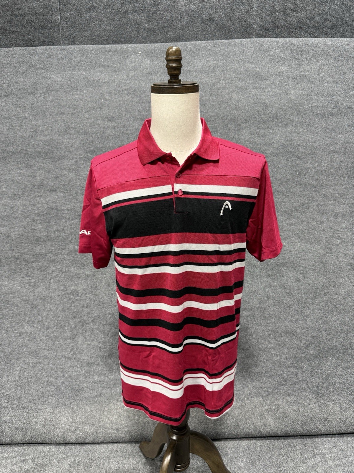 HEAD Tennis Polo Shirt Medium Pink Black White Striped Performance Golf