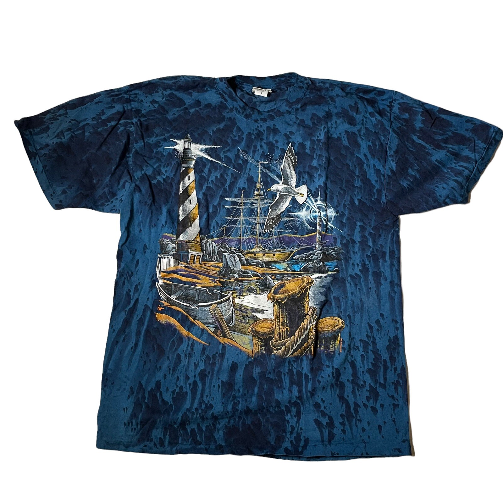 Vintage 90’s Tie Dye Boat Ship Seagull Ocean T Shirt XL Men’s USA Blue