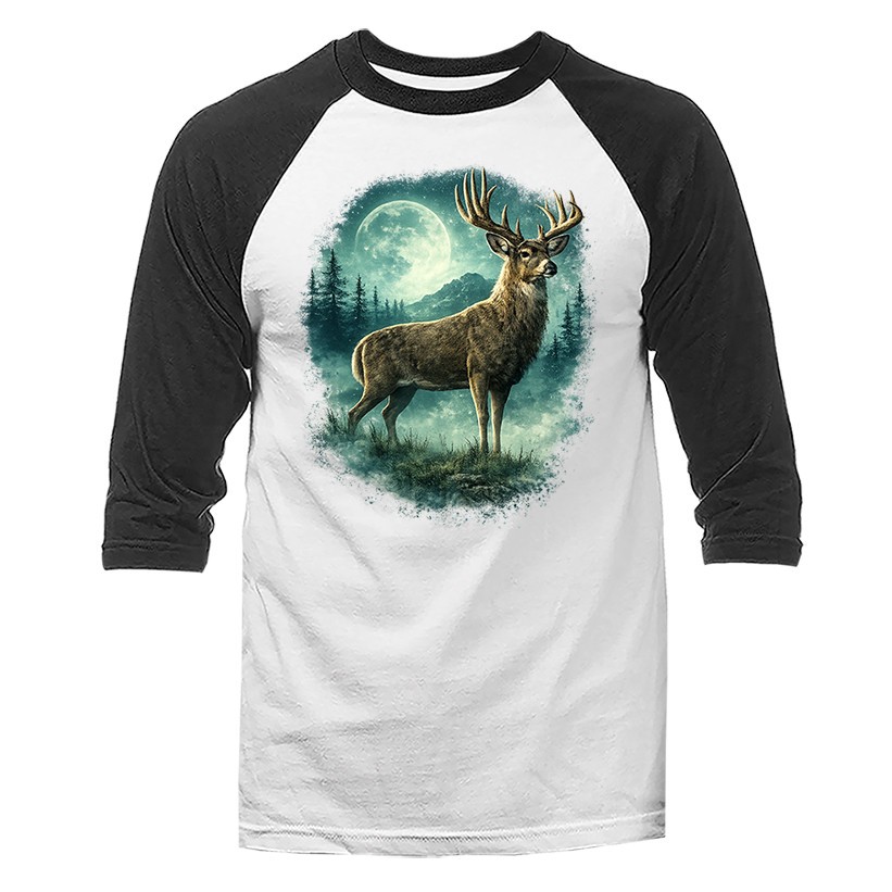 Majestic Buck Deer Moonlight Wilderness Outdoor Wildlife 3/4 Sleeve Raglan