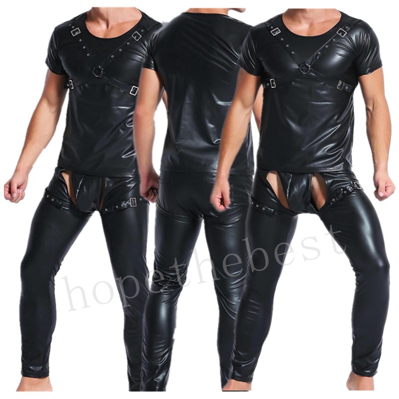 Men Faux Leather PVC Wet Look Boxers Shorts T-Shirt Top Vest Long Pants Trousers gallery