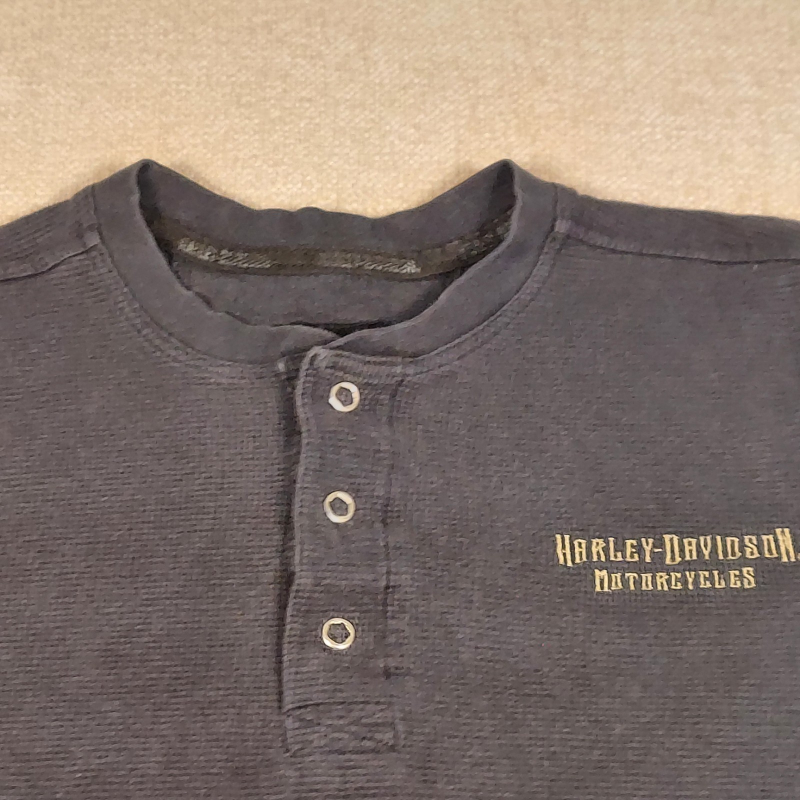 Vintage Harley-Davidson Mens L Black Waffle Knit Thermal Henley Long Sleeve gallery