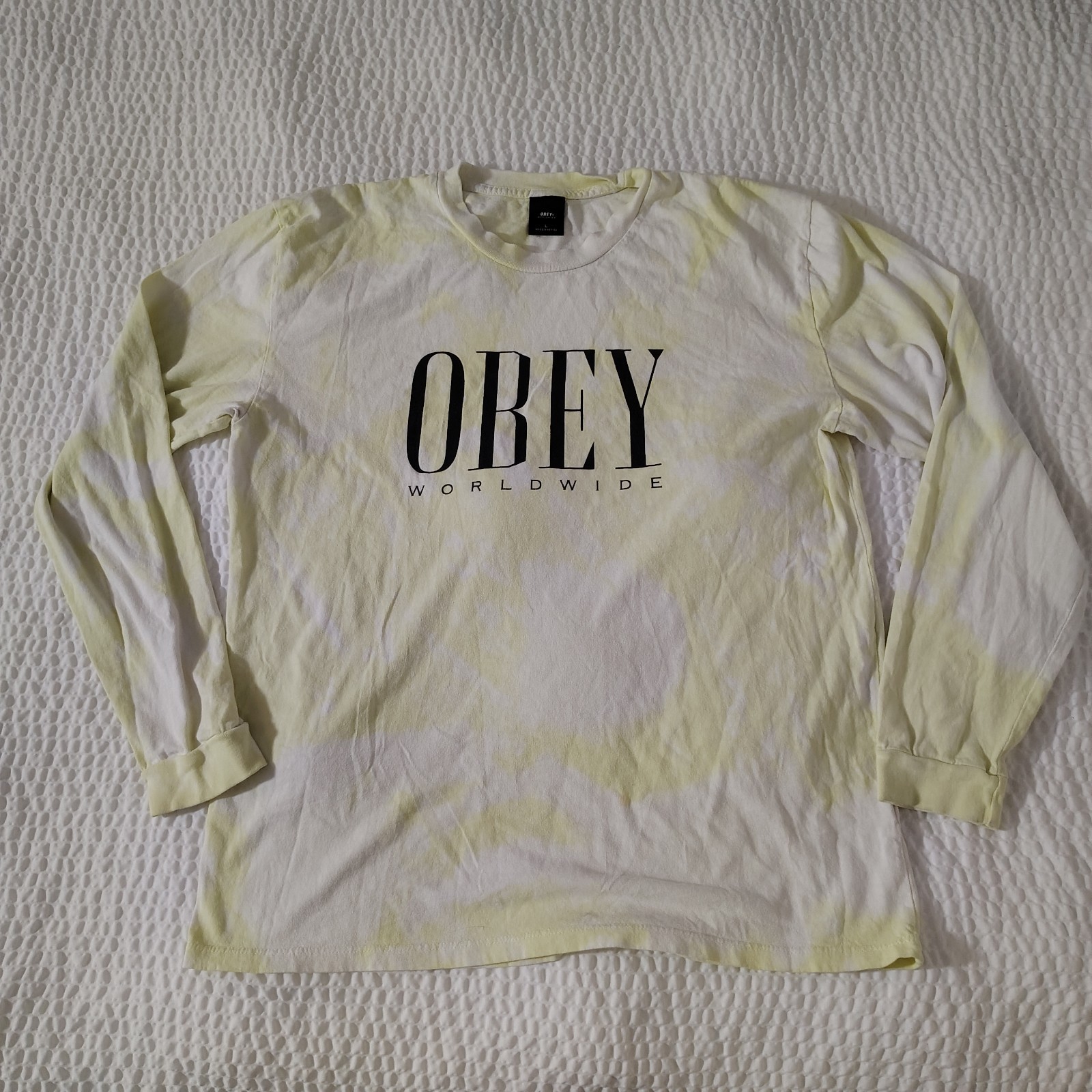 Obey Worldwide T Shirt Mens Large Pale Yellow Bleach Wash Stretch Long Sleeve gallery