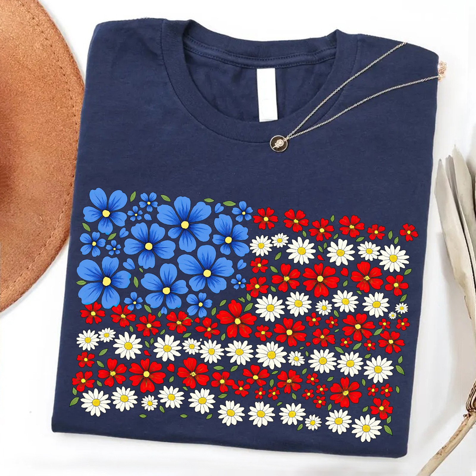 Floral American Flag Shirt 4th of July Patriotic Wildflower USA 250th Unisex Tee gallery