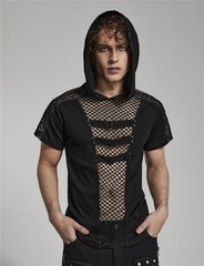 Punk Rave Black Slim Mesh Splicing Tops Sexy Knitted Hooded Cotton Men T-Shirt