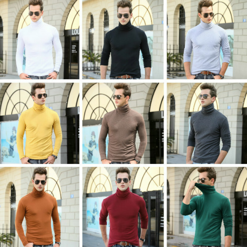 Men Cotton High Neck Pullover T-shirts Long Sleeve Tops Stretch Undershirt Basic gallery