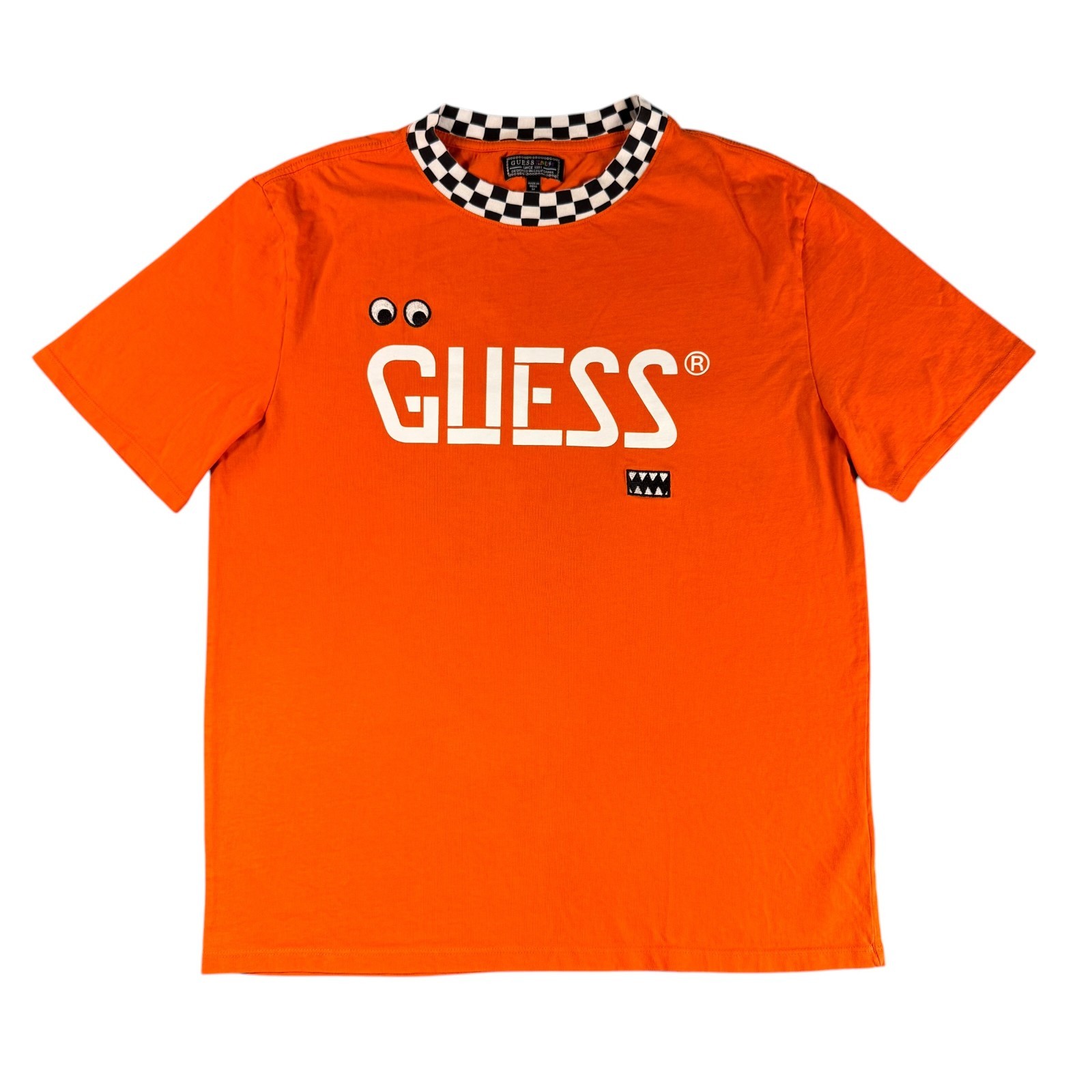 Guess X J Balvin Sz Medium T-Shirt Orange Checkered Collar Embroidered Colorful