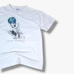 VINTAGE 1990 Think Globally Human-i-Tees Extra Large XL Mens White Single Stitch