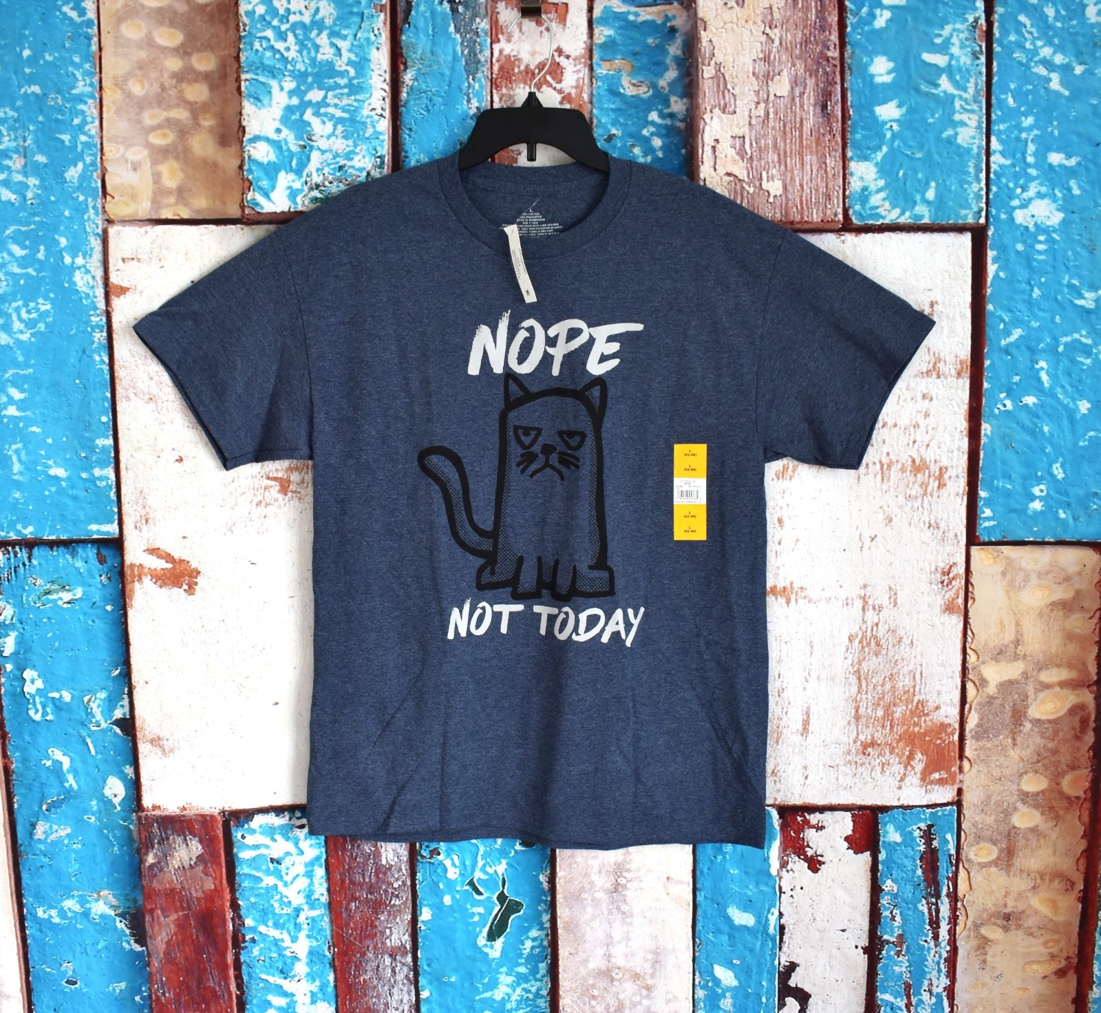 Men’s Nope Cat Short Sleeve Graphic Tee Short Sleeve Crew Neck LARGE Blue NEW