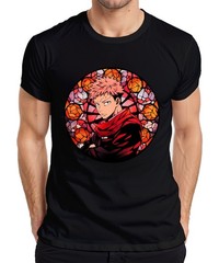 Itadori Jujutsu Kaisen Anime Red Scarf Stained Glass Window Gothic Mens T-Shirt