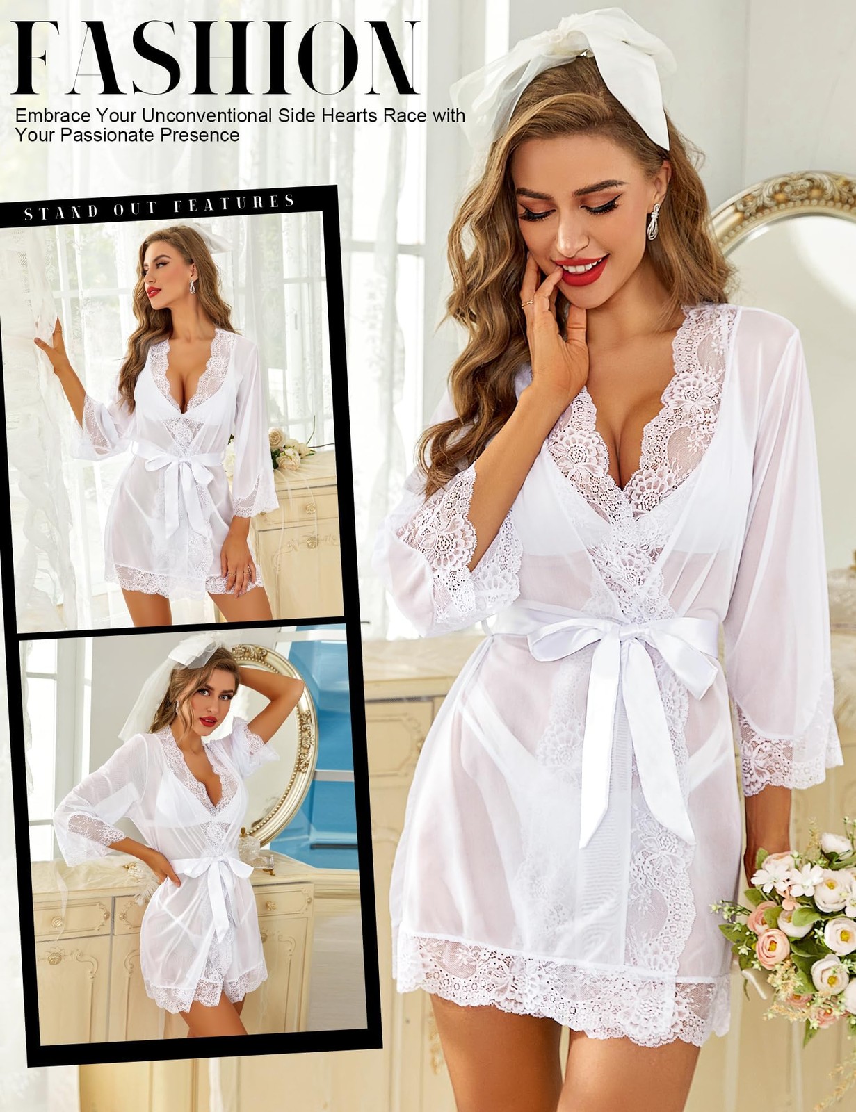 Women Lace Kimono Robe Babydoll Chemise Lingerie Bride Robe for Wedding Party... gallery