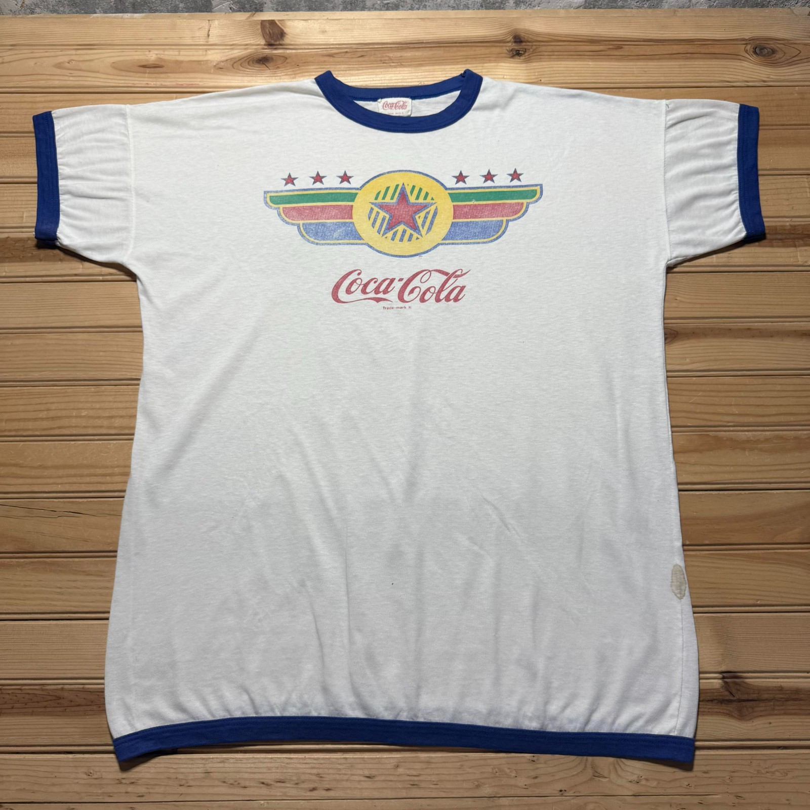 Vintage 80s Coca-Cola Coke Star Winged Logo Crewneck Ringer T-Shirt One Size