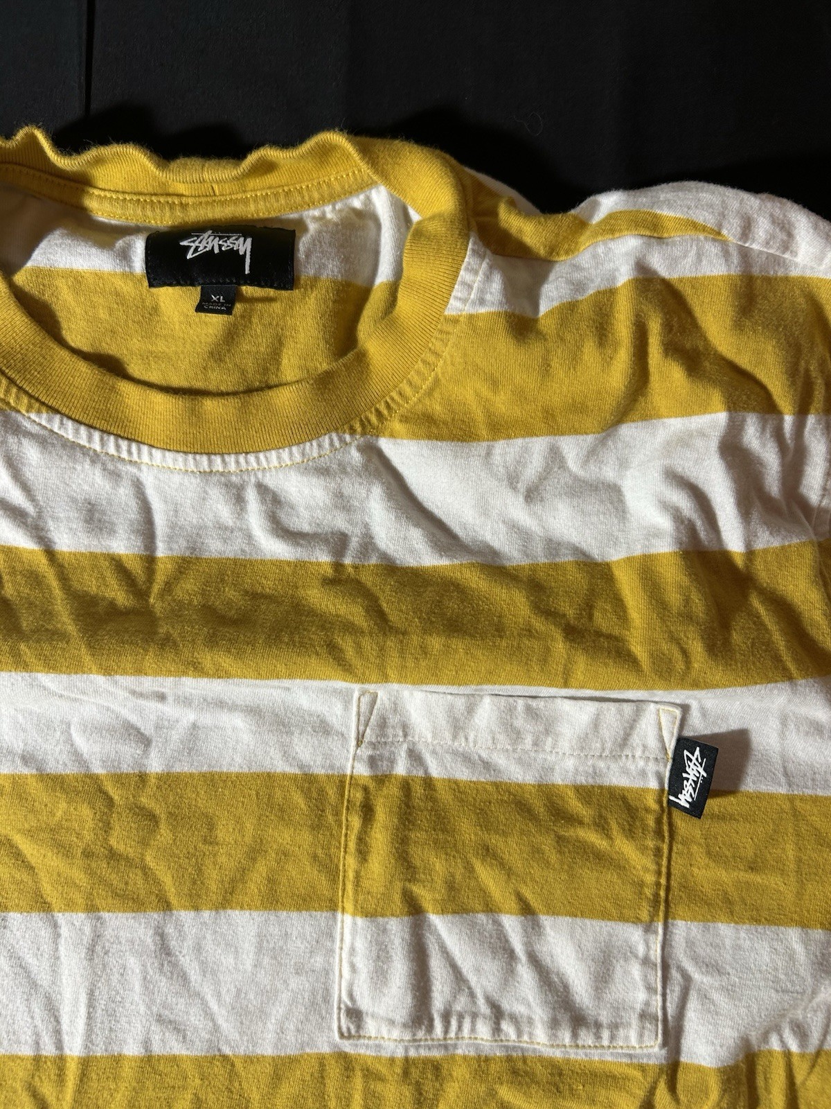 Stussy Yellow White Striped Pocket Logo Cotton Knit T-Shirt Men's XL gallery