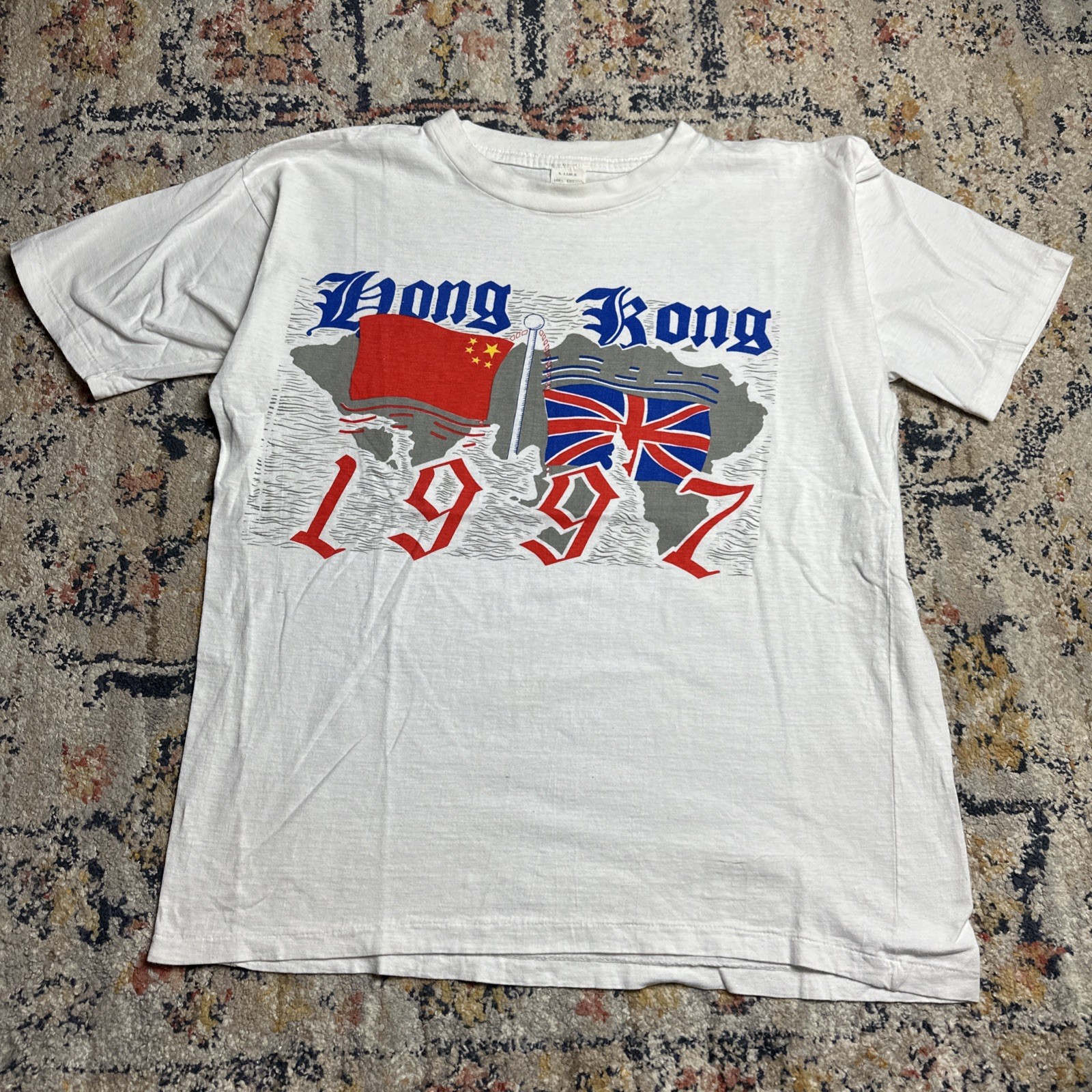 Vintage Hong Kong 1997 T Shirt XL White Great Britian Transfers Control