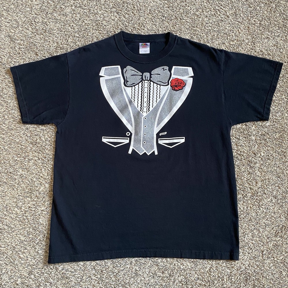 Vintage Tuxedo Bow Tie Novelty Formal Graphic Tee Shirt Black Men’s Size LARGE