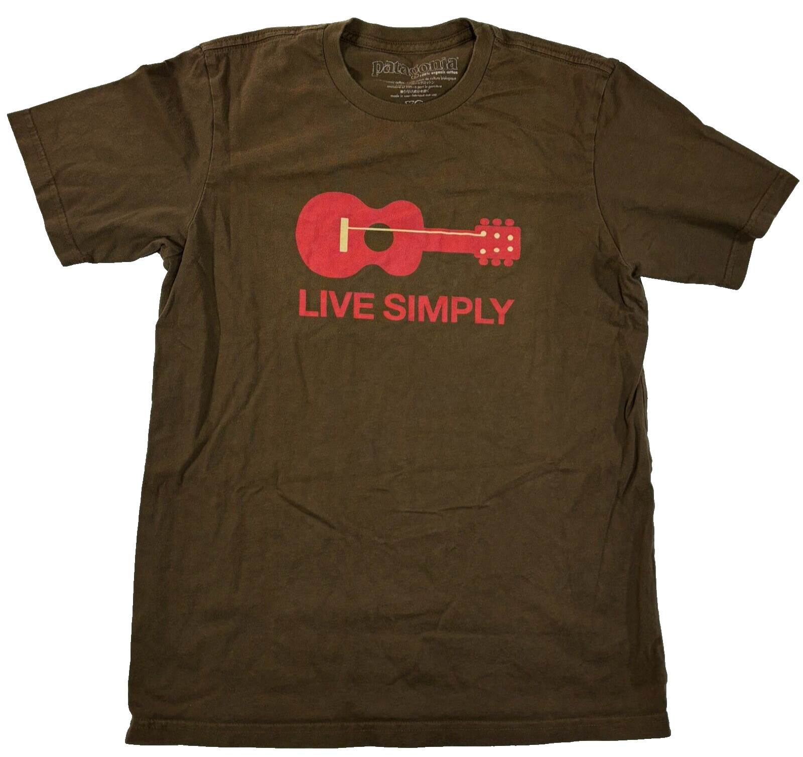 Patagonia Live Simply Shirt Brown Organic Cotton Red Guitar Crewneck Tee XS