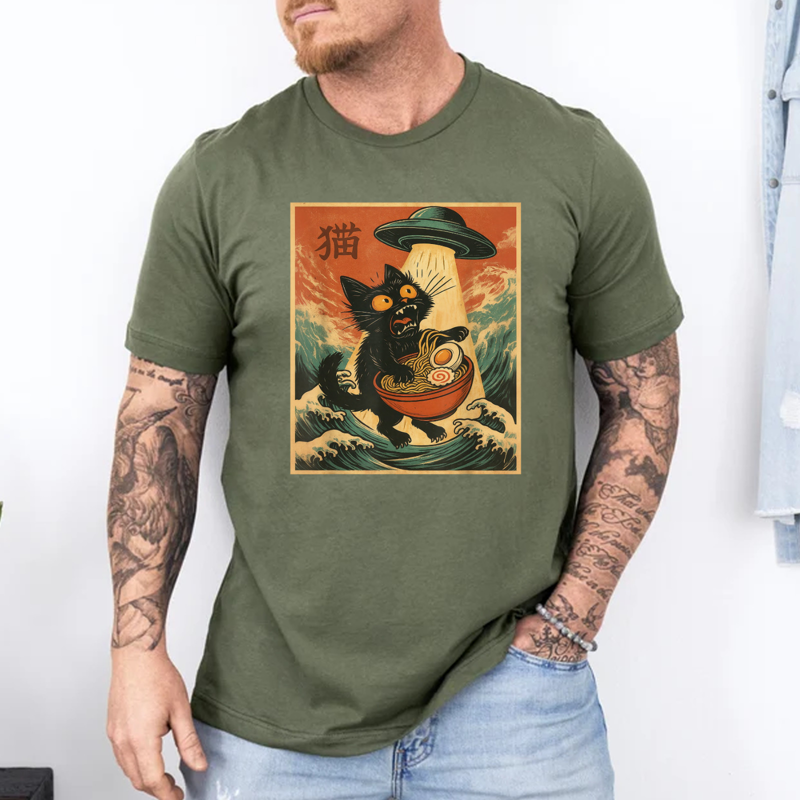 Cat Ramen UFO Funny Japanese Anime Tee Men Women Teens T-Shirt gallery