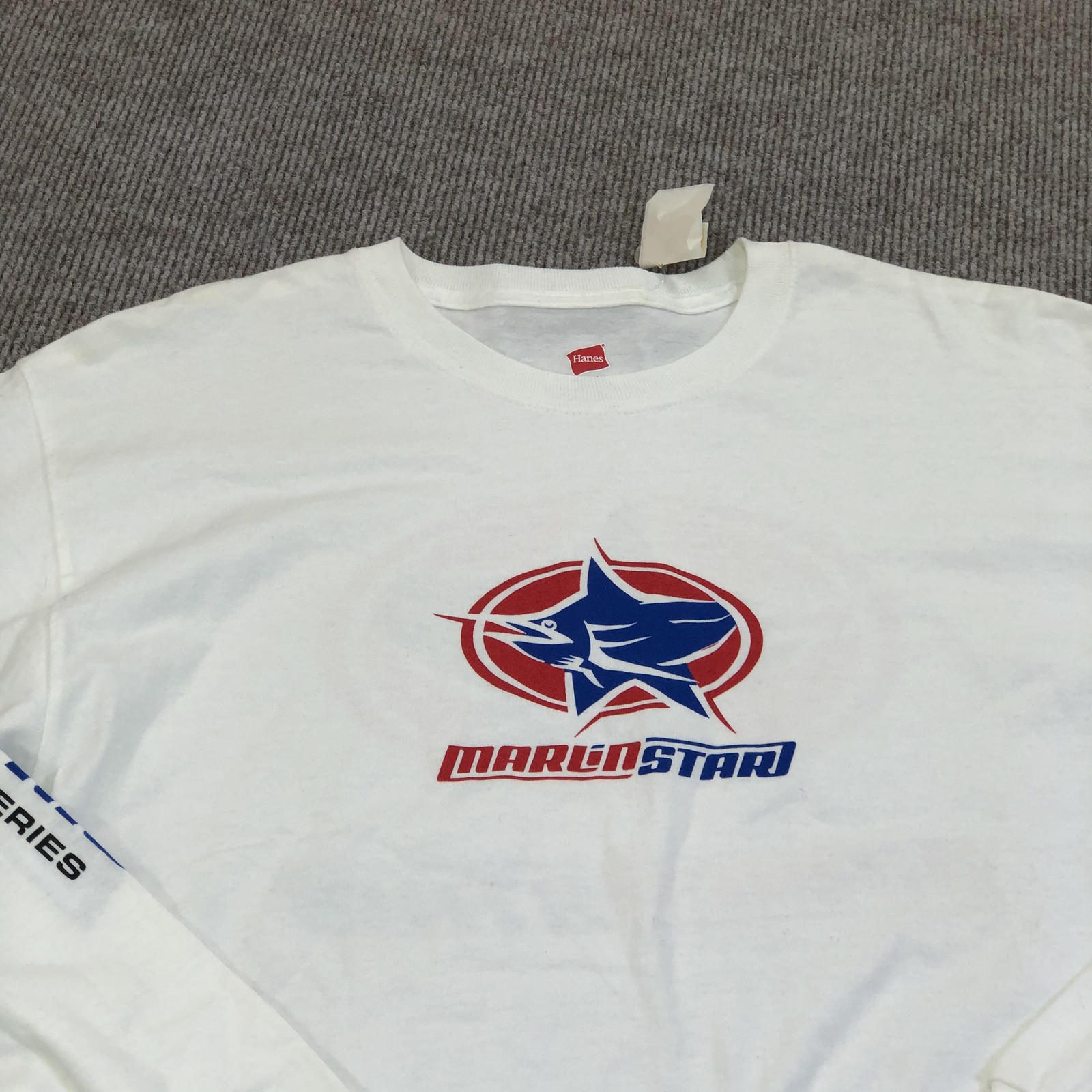 MarlinStar Hanes Shirt Mens Medium White Long Sleeve Graphic Tee Tagless Fish gallery