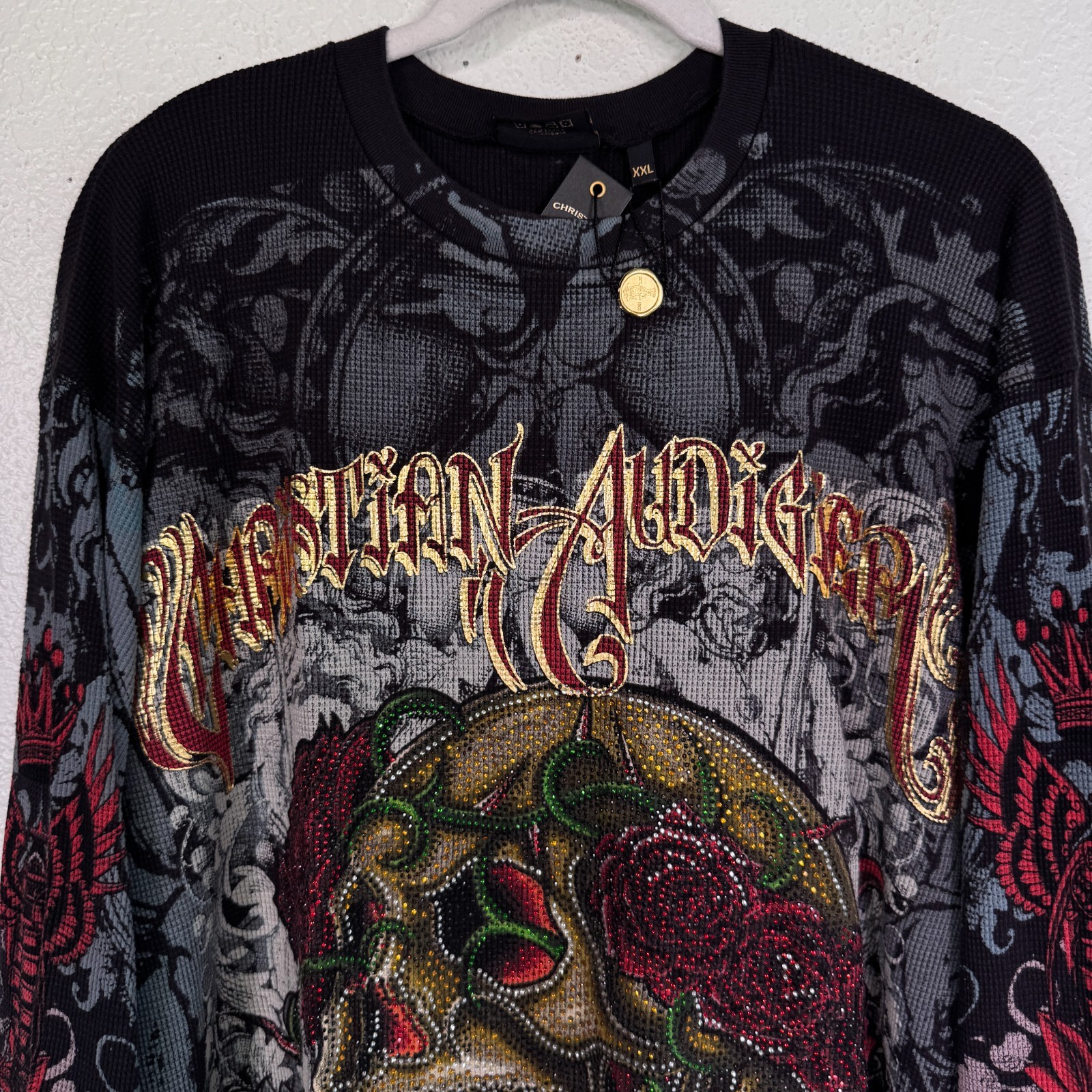 Christian Audigier Y2K Shirt Men XXL Thermal Long Sleeve Platinum Skull Rose 2XL gallery