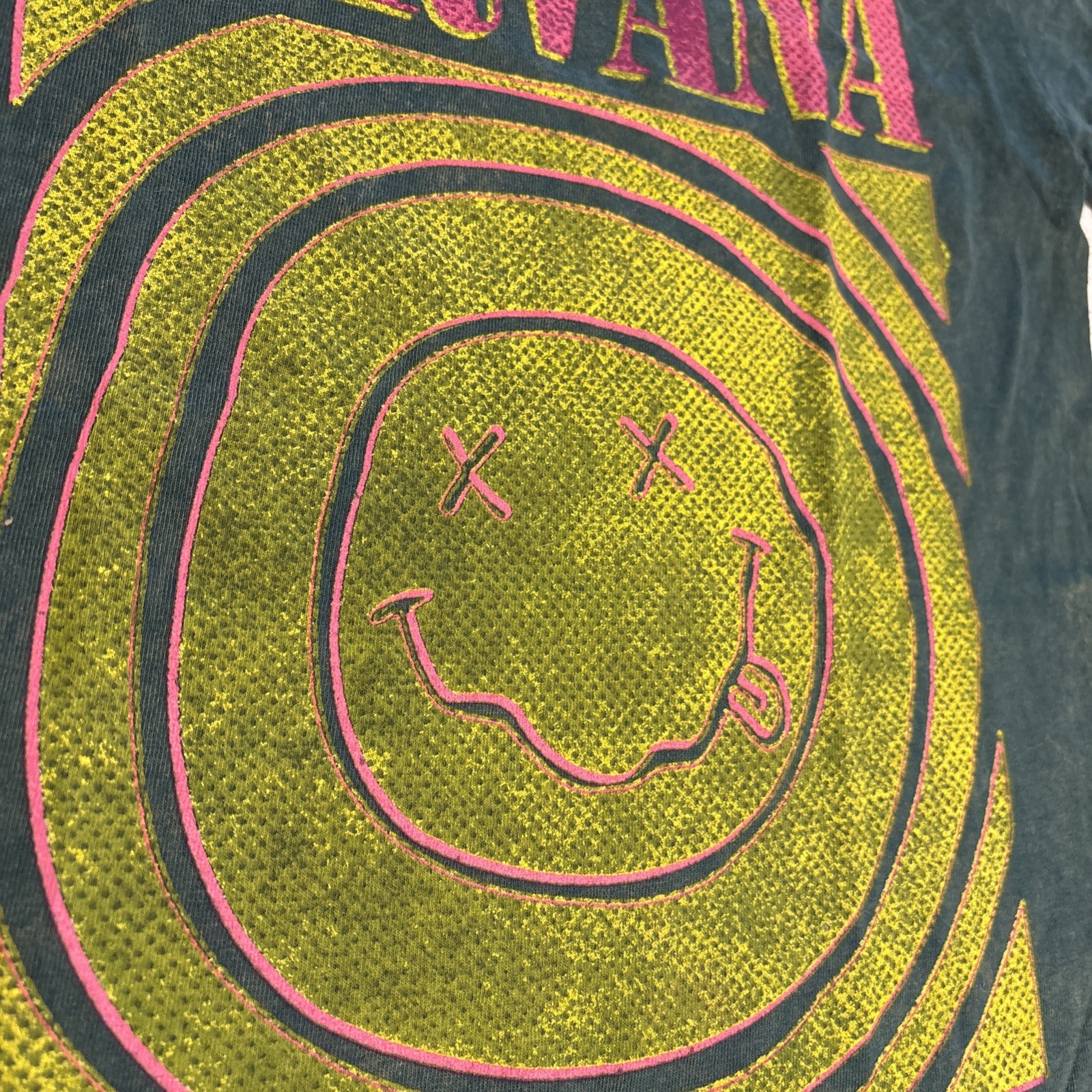 Official Nirvana Smiley Face Distressed Band Tee Shirt Green Size Small gallery