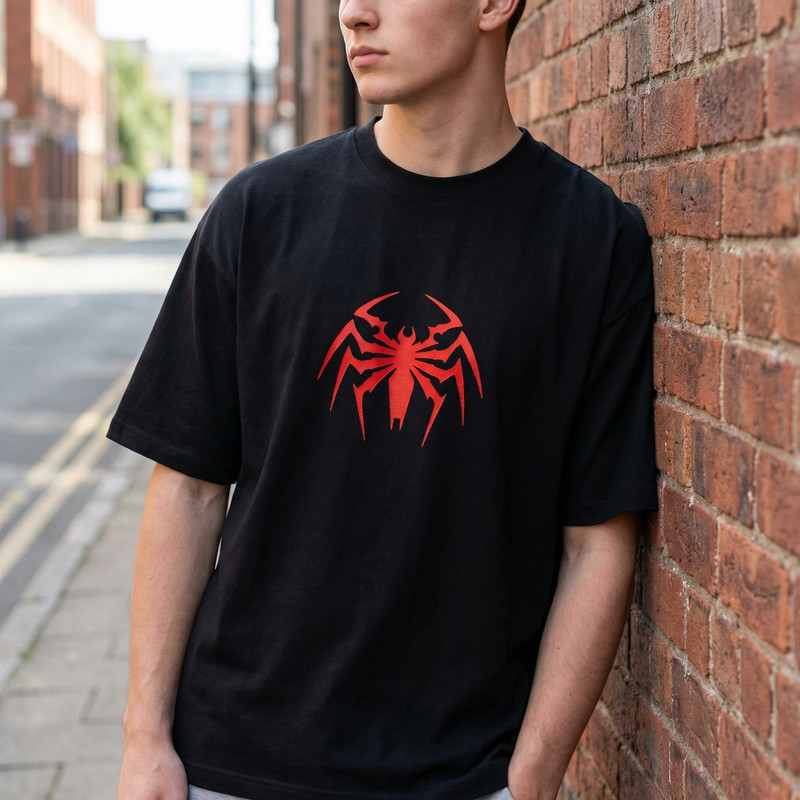 Oversized Black Graphic Tee Red Spider Print Streetwear Unisex Drop Shoulder gallery