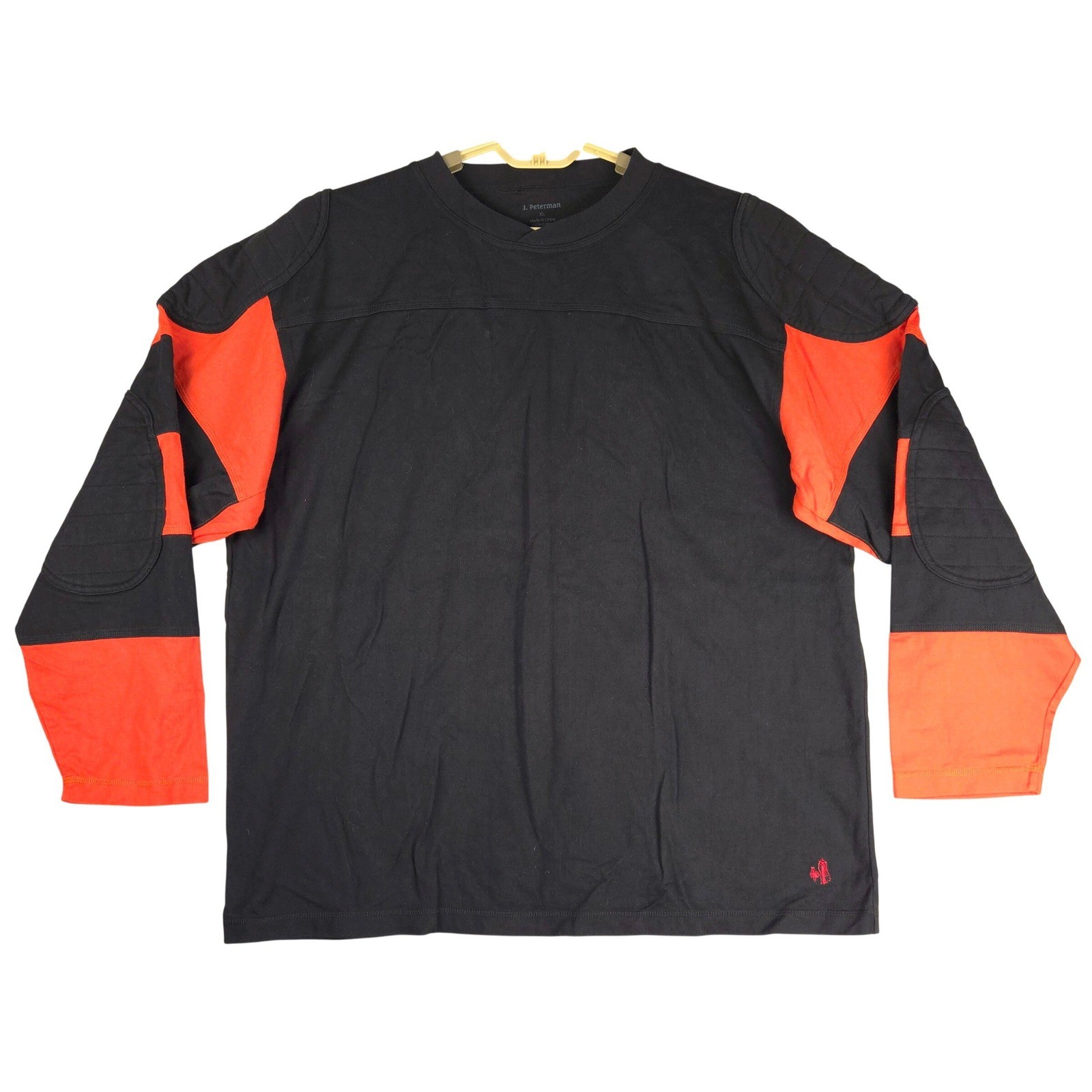 J. Peterman Mens XL Black Orange Colorblock Quilted Elbow Patch Jersey Shirt gallery