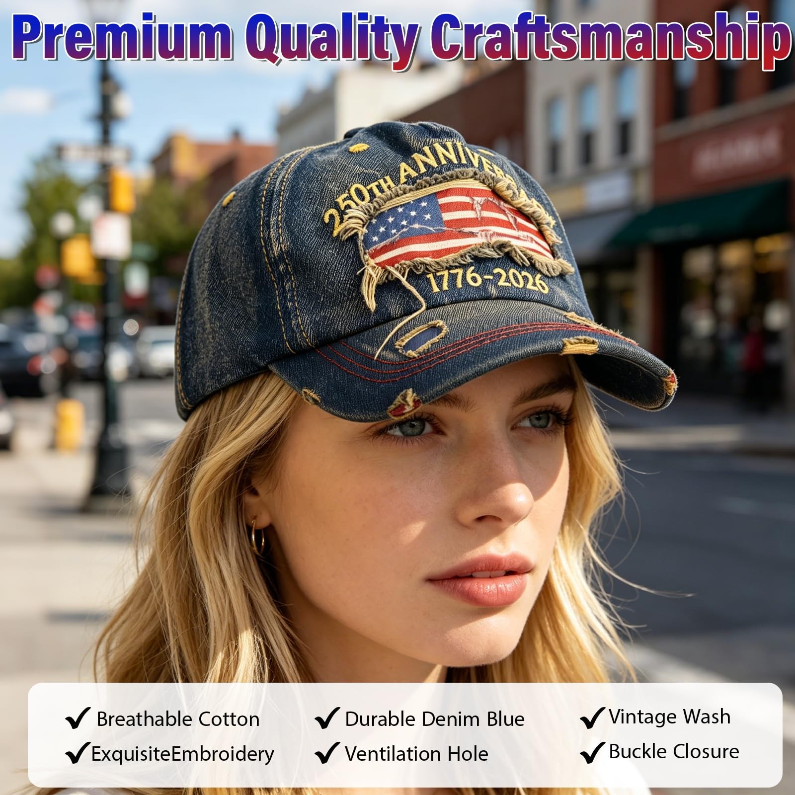 250 Anniversary USA Hat 17762026, Distressed Denim Embroidered Flag Patriotic... gallery