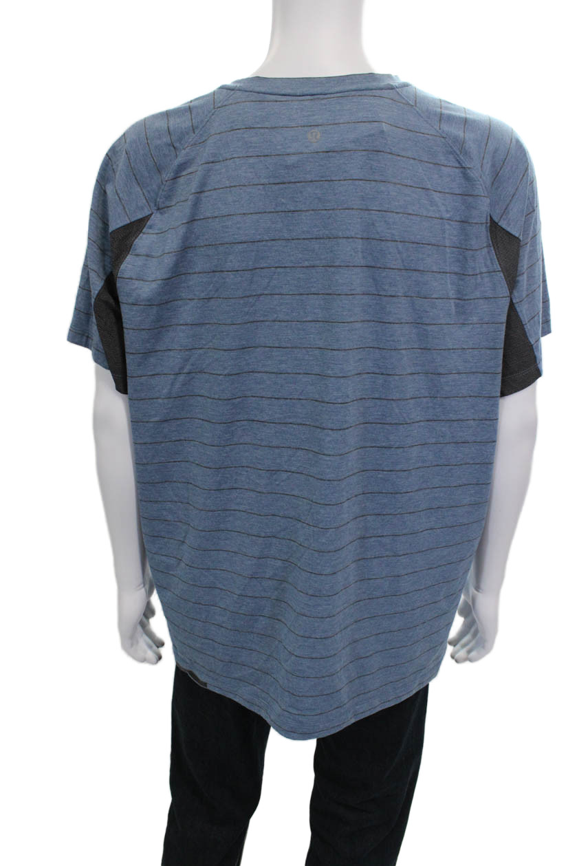 Lululemon Mens Blue Striped V-Neck Short Sleeve Nylon Blend T-Shirt Size XL gallery