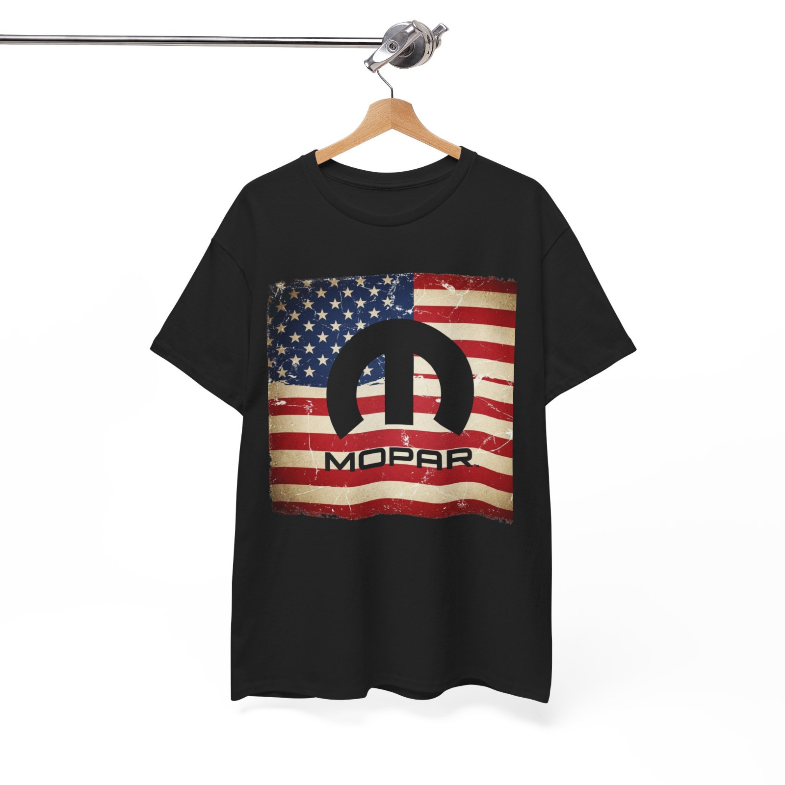 Mopar M Emblem & Script With American Flag Background T-Shirt gallery