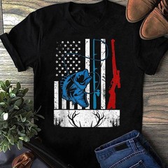 Retro USA Flag Deer & Fish T-Shirt American Wildlife Hunting Fishing Lover Gift