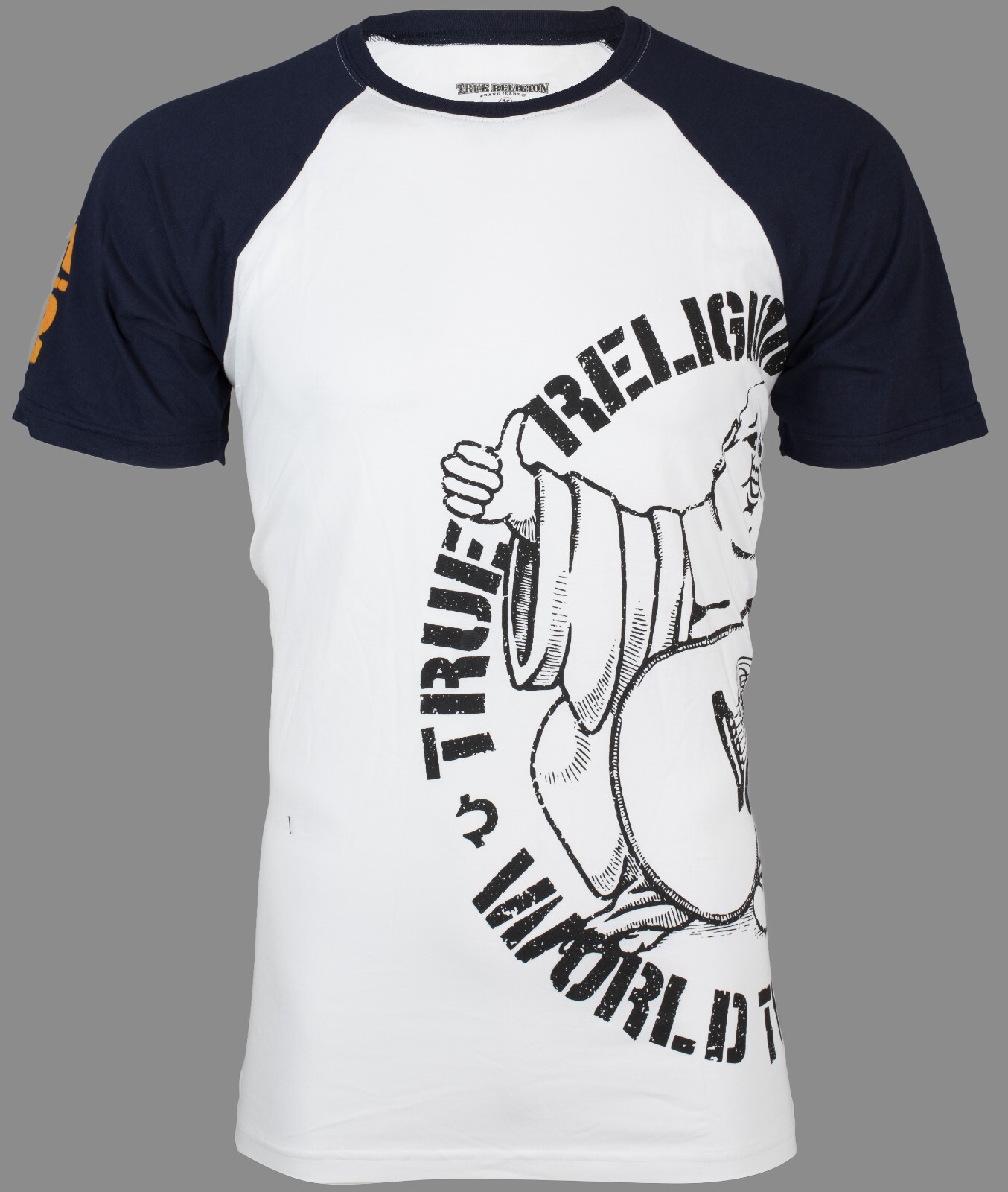 $79 TRUE RELIGION White Navy PART BUDDHA Short Sleeve Designer Raglan T-shirt gallery