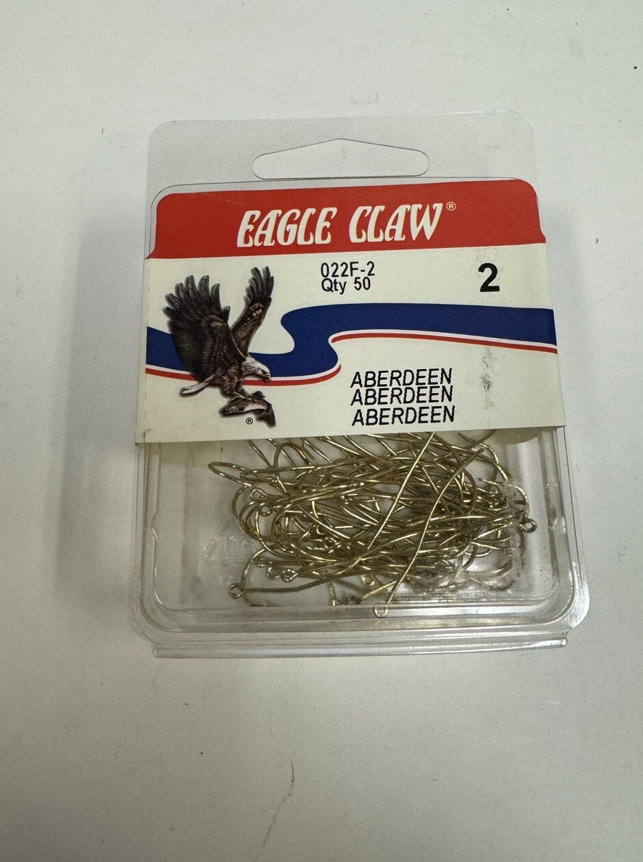 New 50CT Eagle Claw 022F-2 Gold Aberdeen Hooks Size 2 Made USA