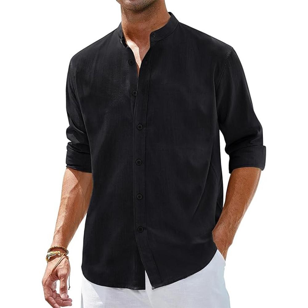 Linen Shirt Men's Stand Collar Long Sleeve Chinese-style Cotton Loose Casual Top gallery