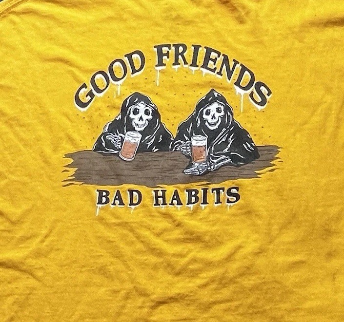 Fresh Vibes “Good Friends Bad Habits” Cotton Yellow T-shirt Sz XL 2 Sided gallery