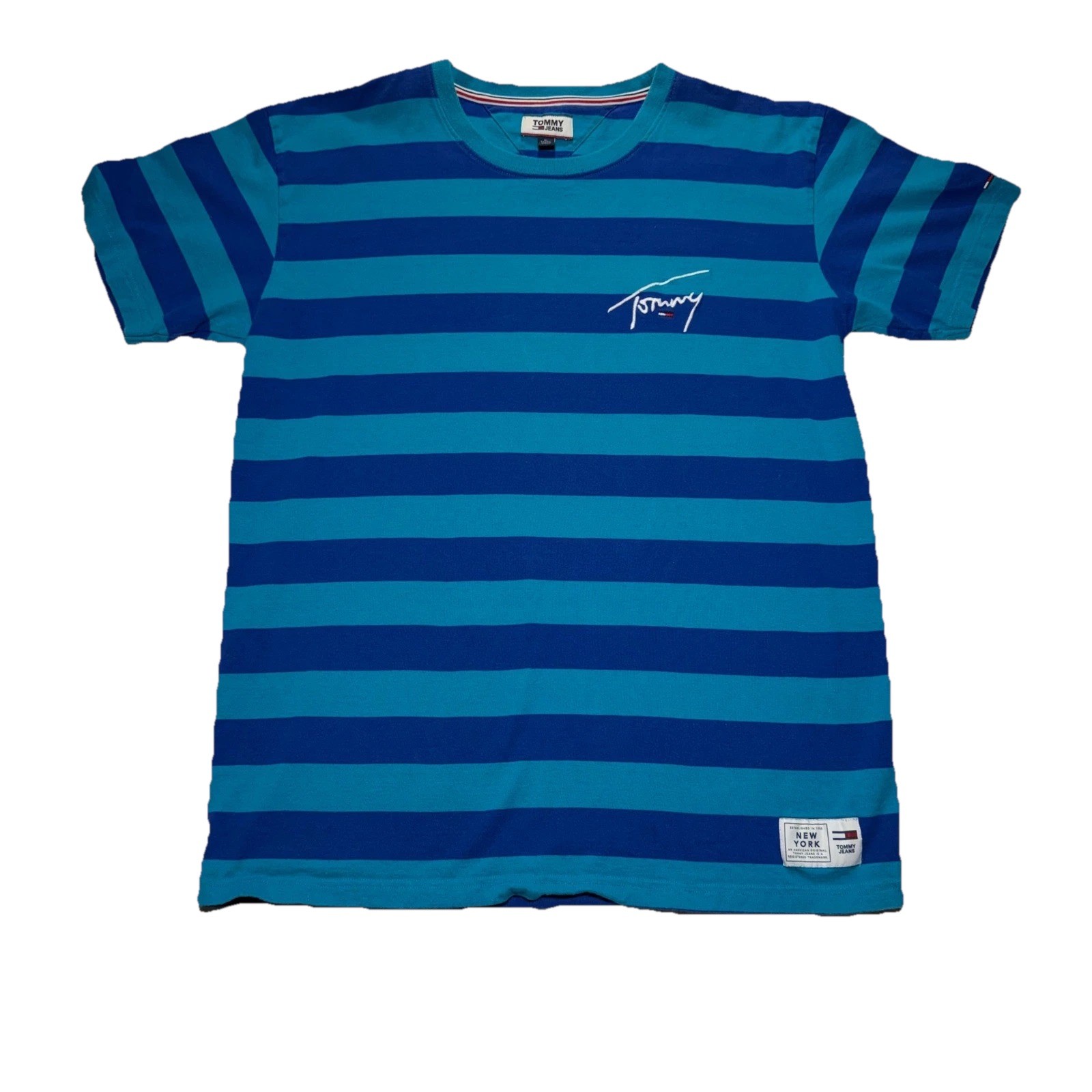 Vintage Tommy Jeans Mens XL Blue Striped Short Sleeve Script Boxy Logo T-Shirt