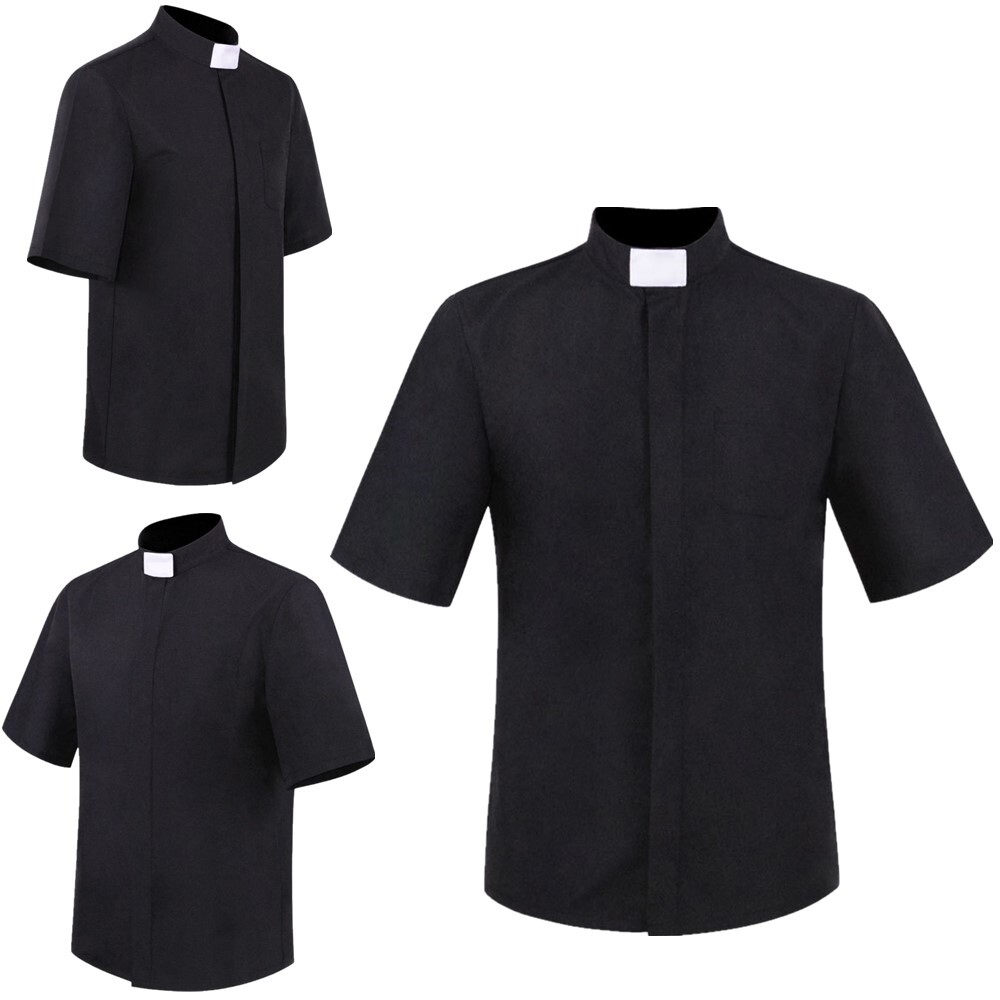 US Men's Priest Clergy Shirt Short Sleeves Stand Collar for Pastor Preacher Tops gallery