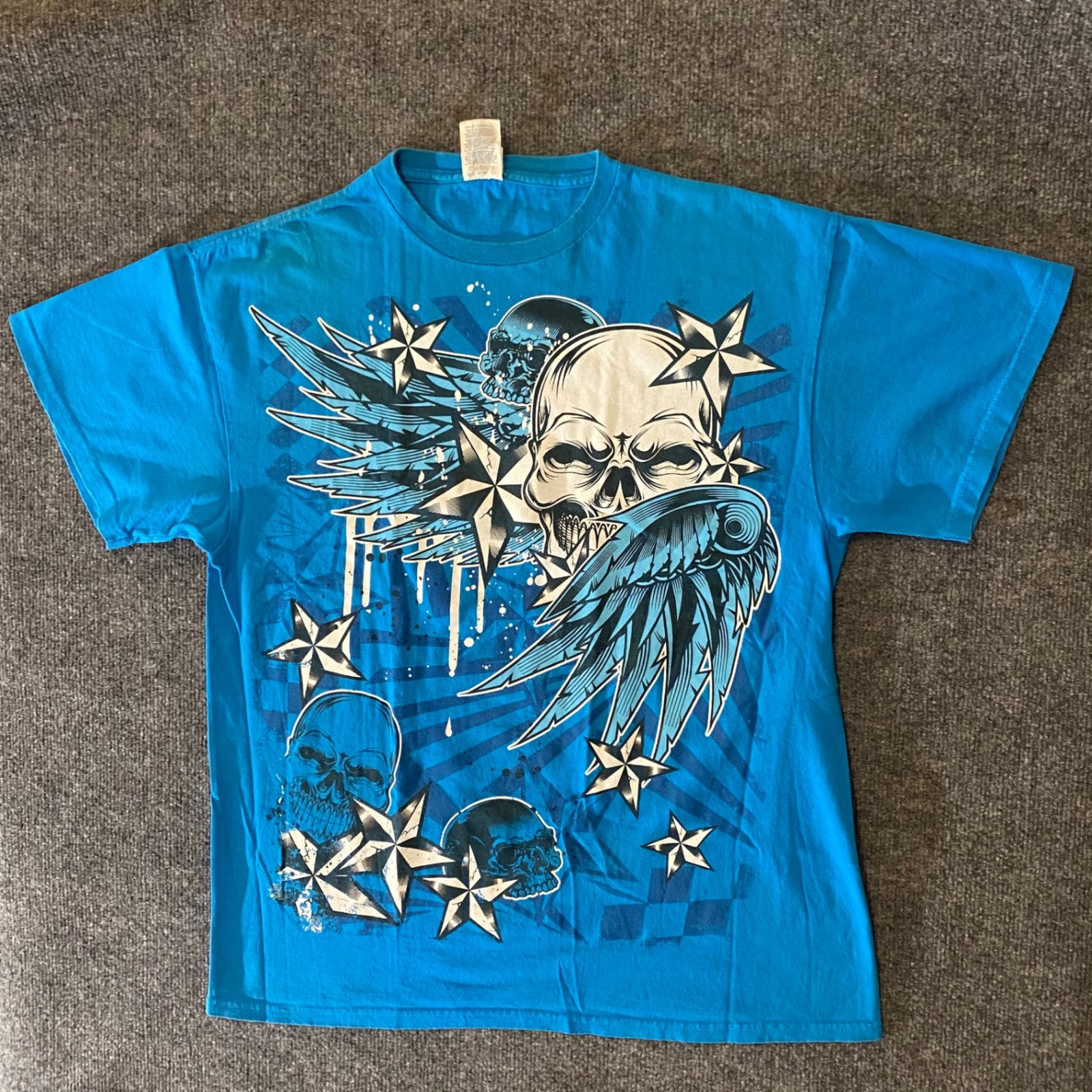 Delta Pro Weight Shirt Mens L Blue Skull Wings Stars Graphic Cotton Short Tee