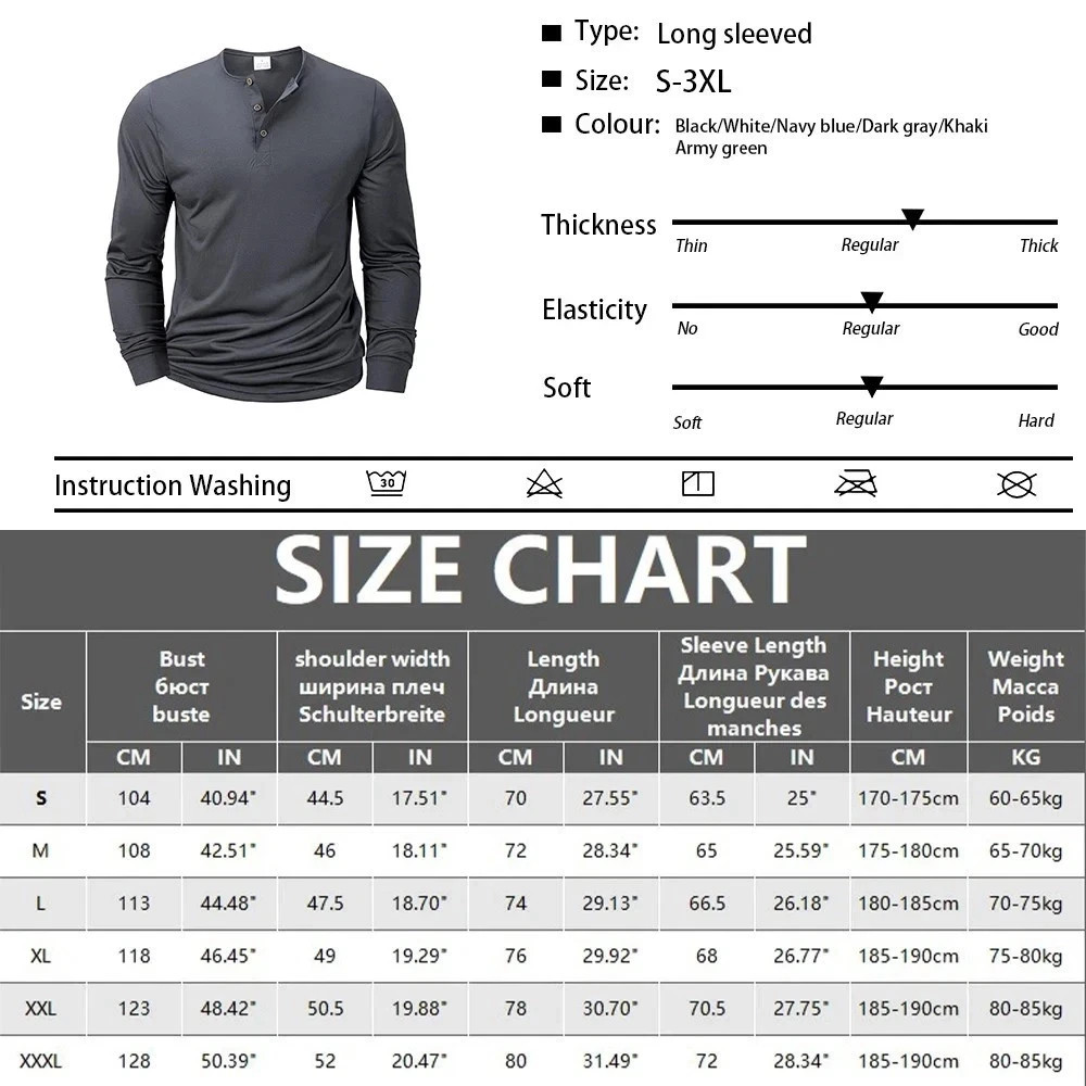 Mens Cotton Slim Fit Long Sleeve Henley T-Shirt Casual Button Tee Top Gym Gift gallery