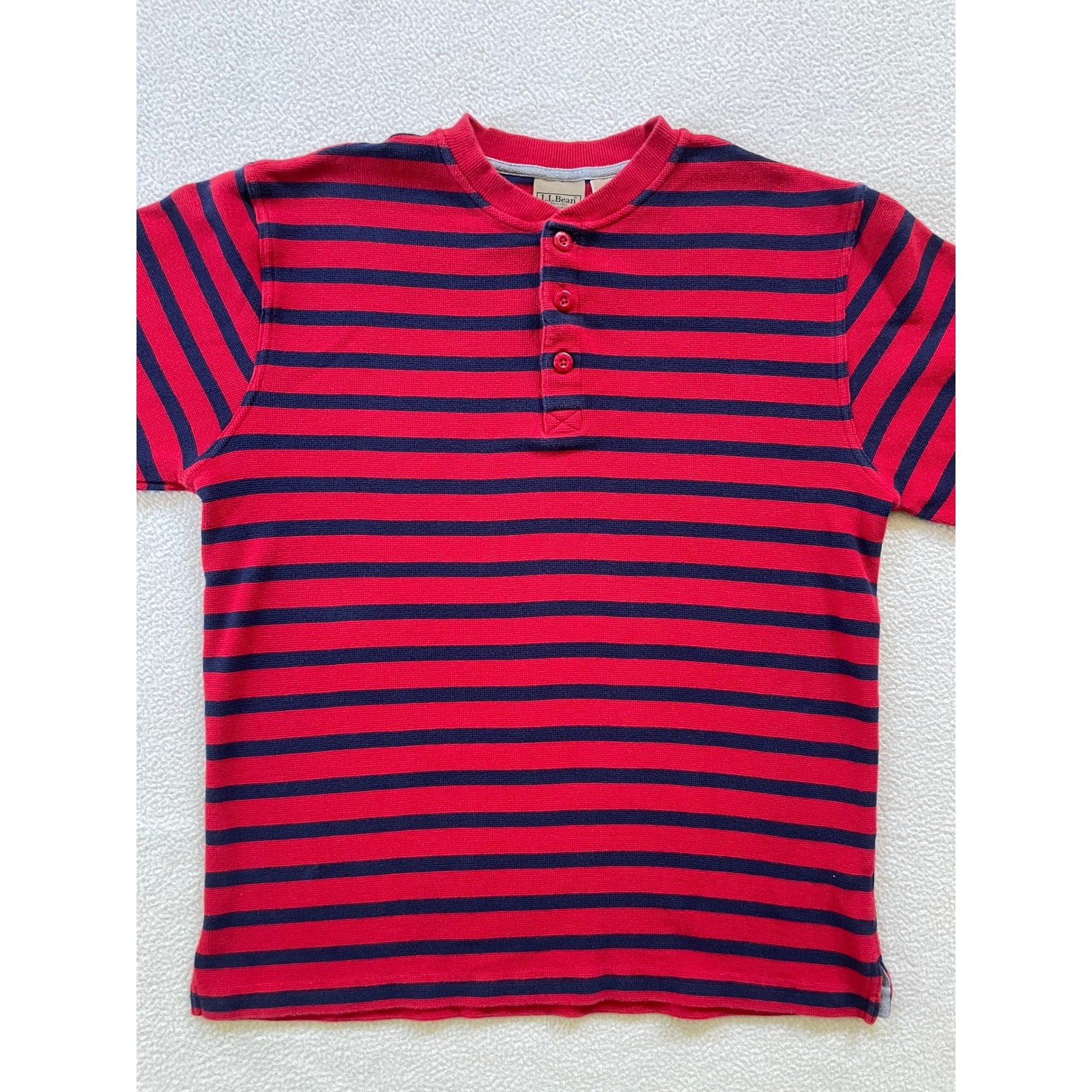 90s Vintage L.L. Bean Mens Medium Henley Shirt Red Navy Blue Striped Waffle Knit gallery