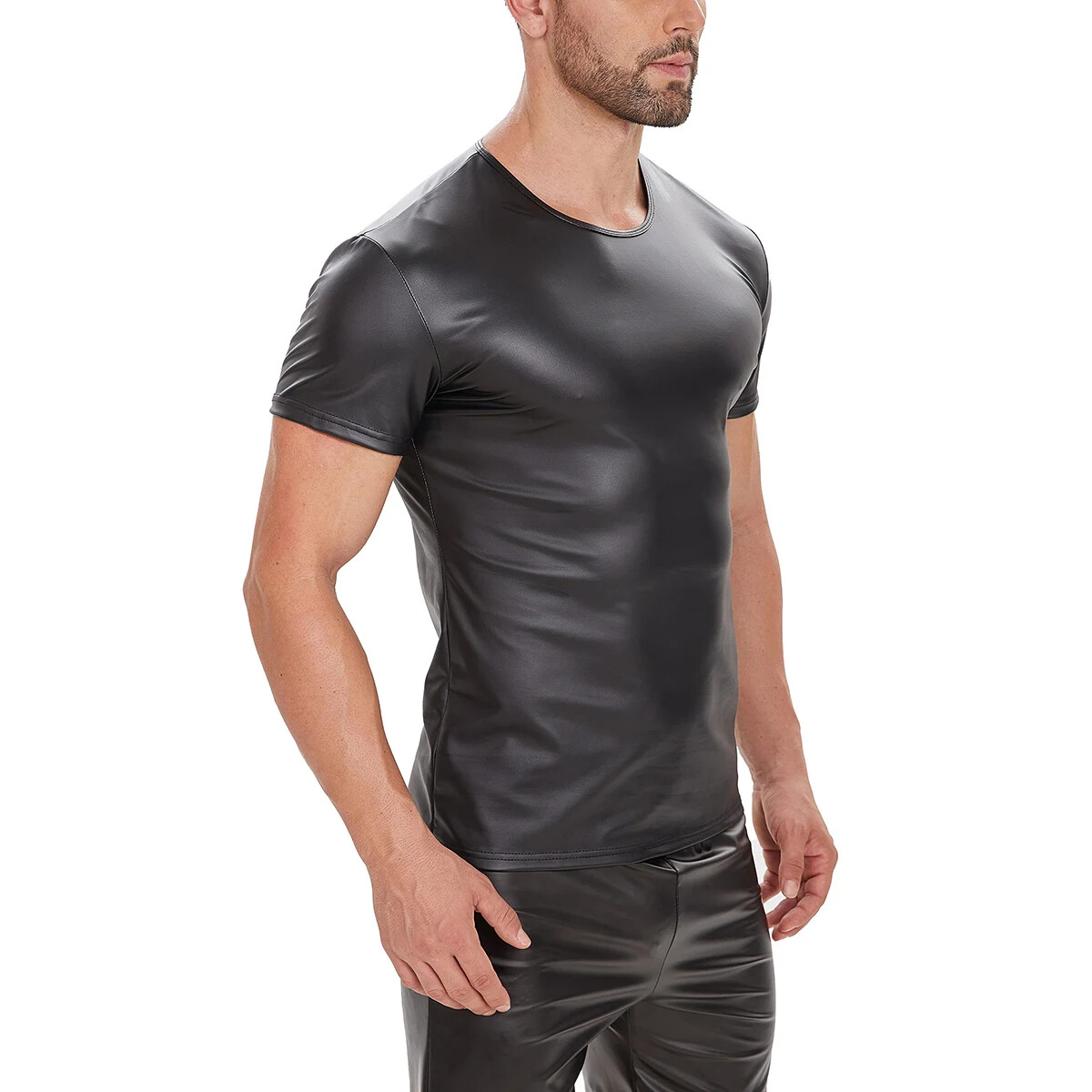 Men Soft Matte Leather T-Shirt Stretch Shiny Leather Vest Gym Crew Neck gallery